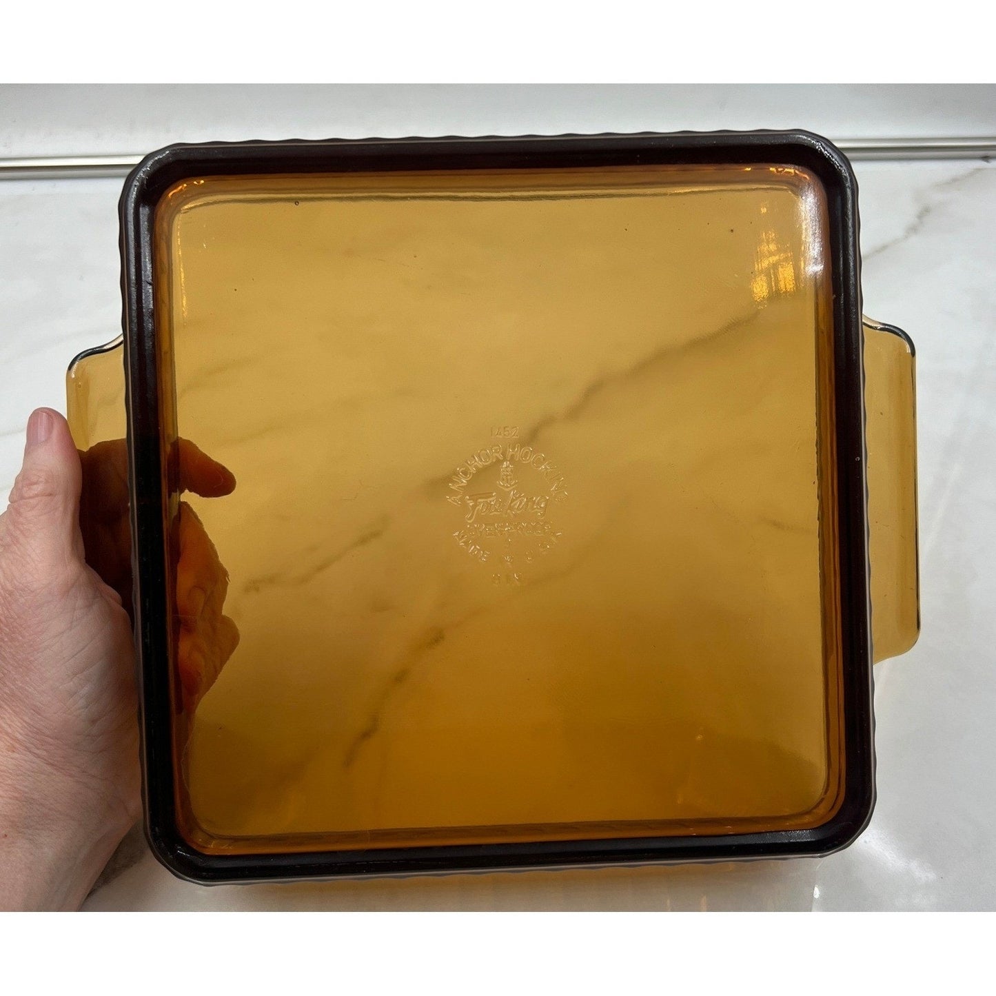 VTG Fire King Amber Glass Baking Dish Wood Cradle Anchor Hocking MCM