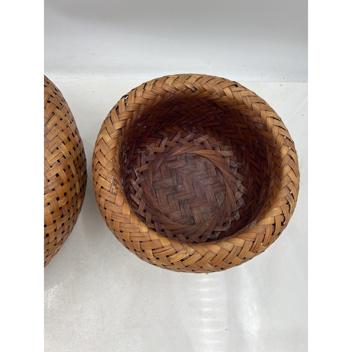 Handwoven Rattan Bamboo Wicker Basket Bowl Set Pair Nesting Boho Decor Round
