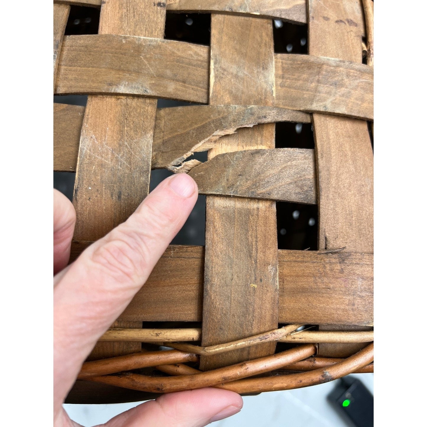 Vintage Woven Wood Splint Basket Square Farmhouse Storage with Rope Handles