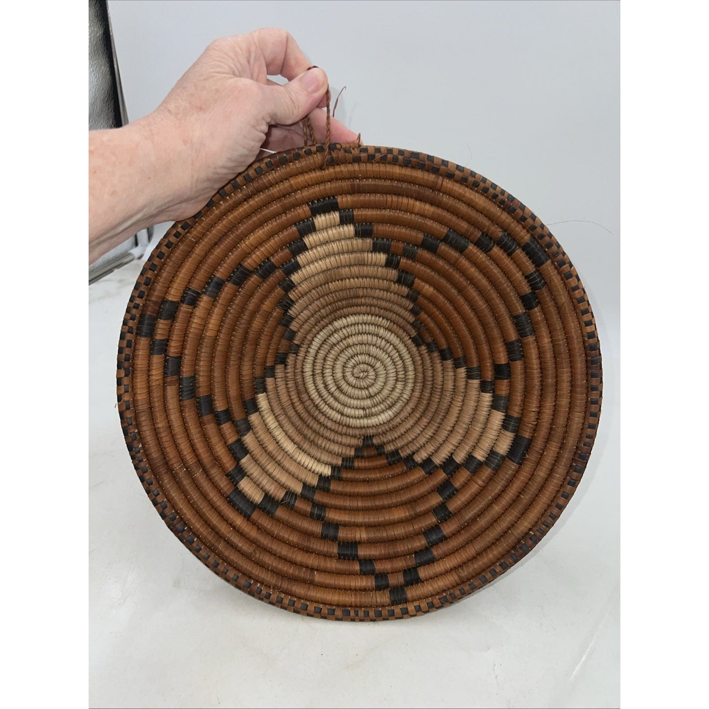 Vintage Coiled Hopi Indian Basket Tray Geometric Pattern Brown Tan Handles 12"