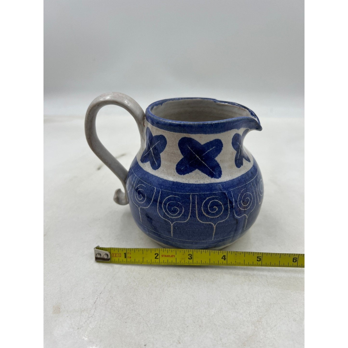 Blue White Ceramic Pitcher Creamer Small Decorative Hand Painted Swirl Floral