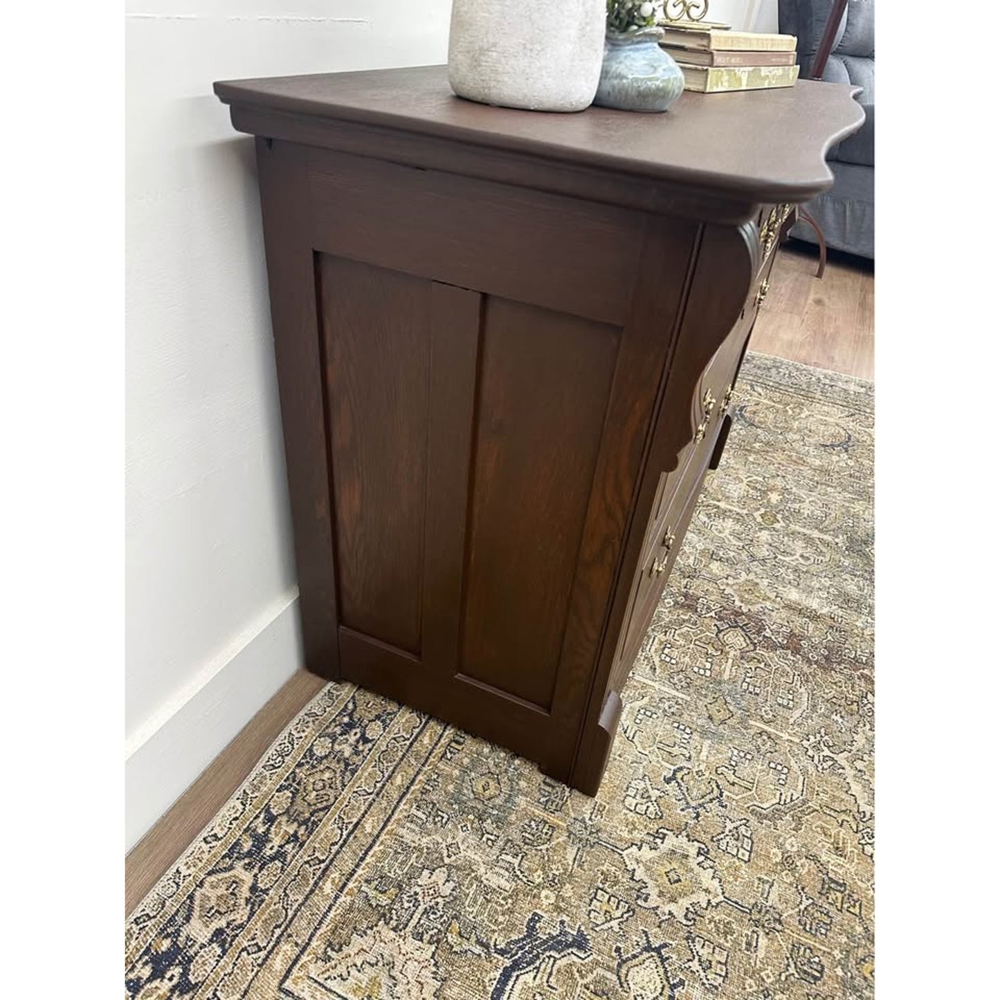 Antique Tiger Oak Dresser or Chest Entry Dark Finish Brass Accents
