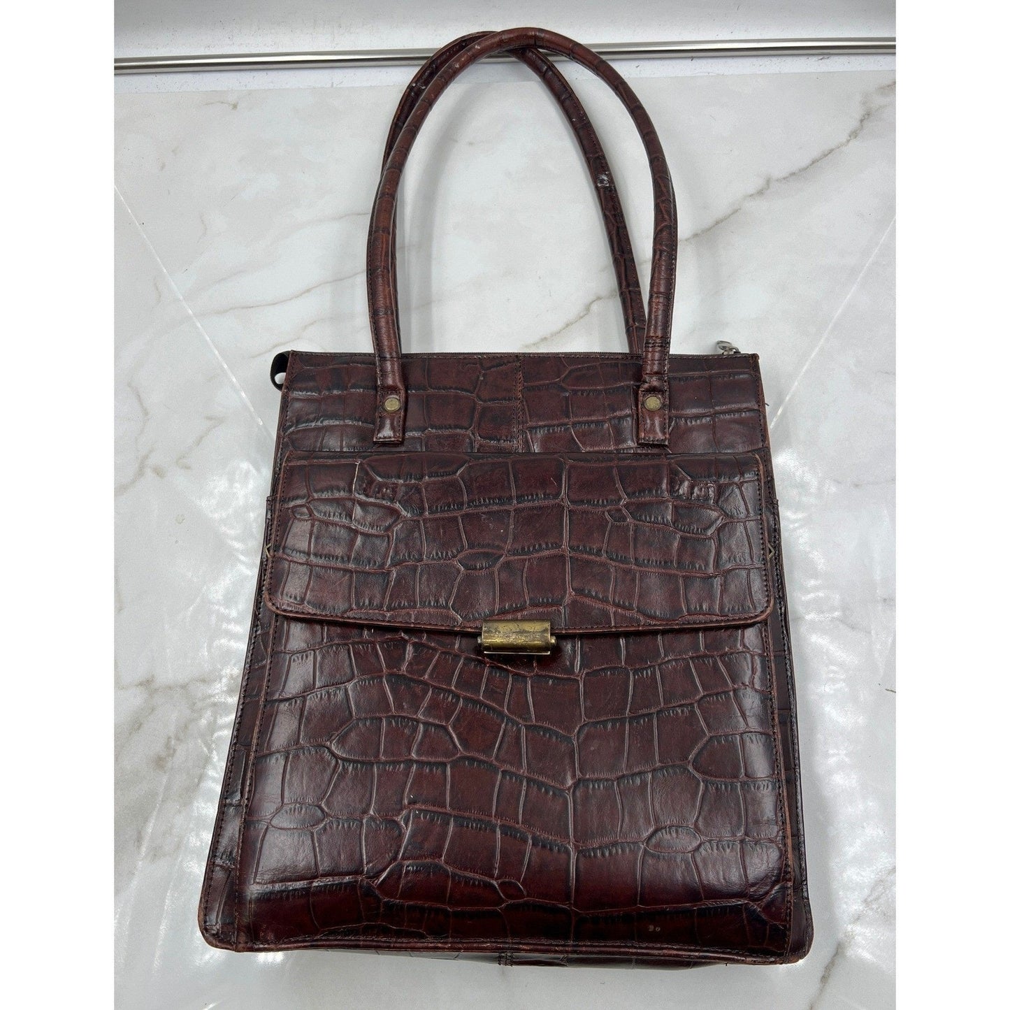 VTG Wilsons Brown Crocodile Embossed Leather Tote Bag Structured Shoulder Purse