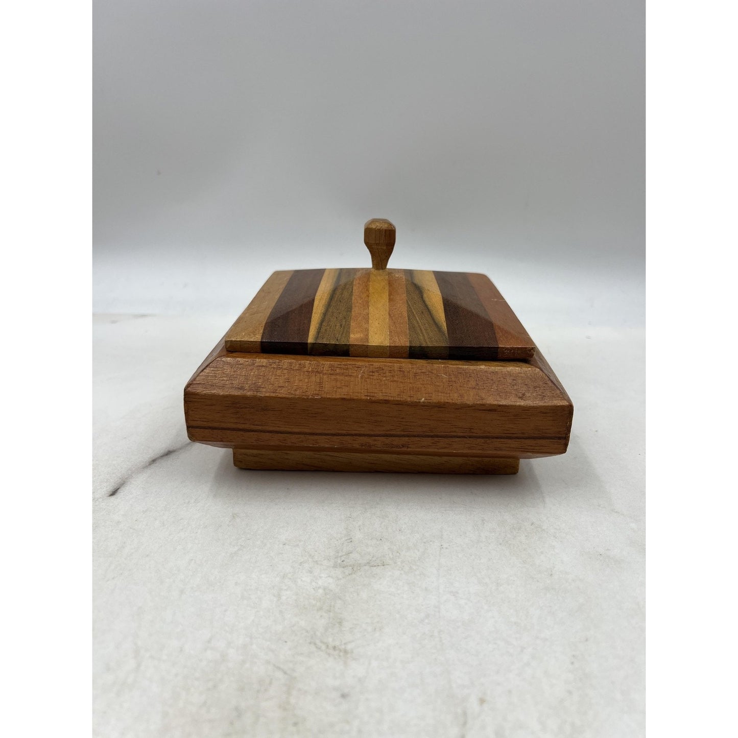 Vintage Handmade Striped Wood Jewelry Box Velvet Lined Lid Geometric Square 6"