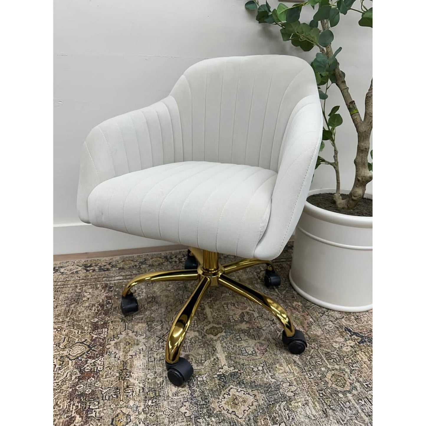 Jacinda Task Chair-Off White Velvet Gold Rolling Office Chair