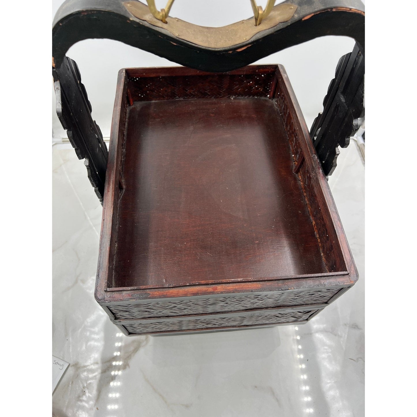 Vintage 3 Tier Chinese Wedding Basket Rattan Bamboo Design w/ Brass Deco