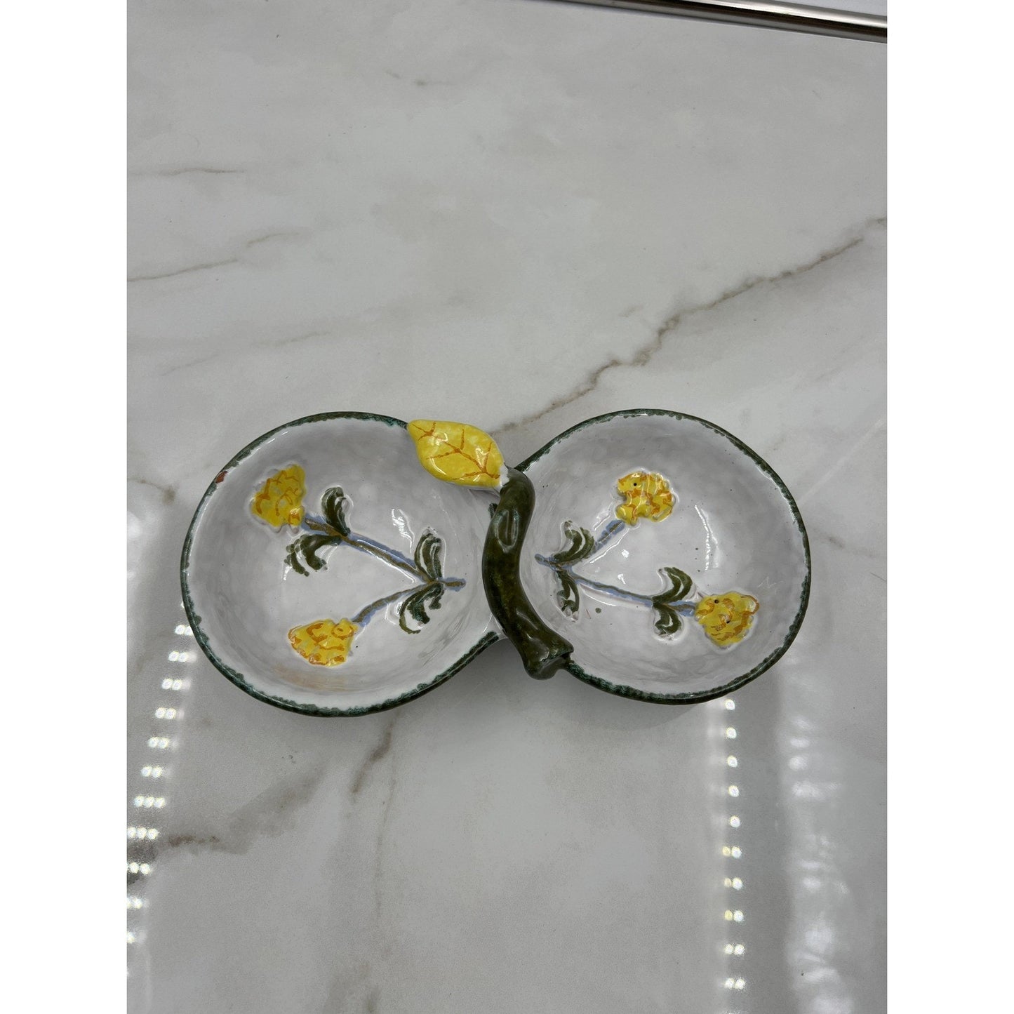 VTG Ceramic Divided Dish Italy Hand Painted Yellow Flowers Green Handle