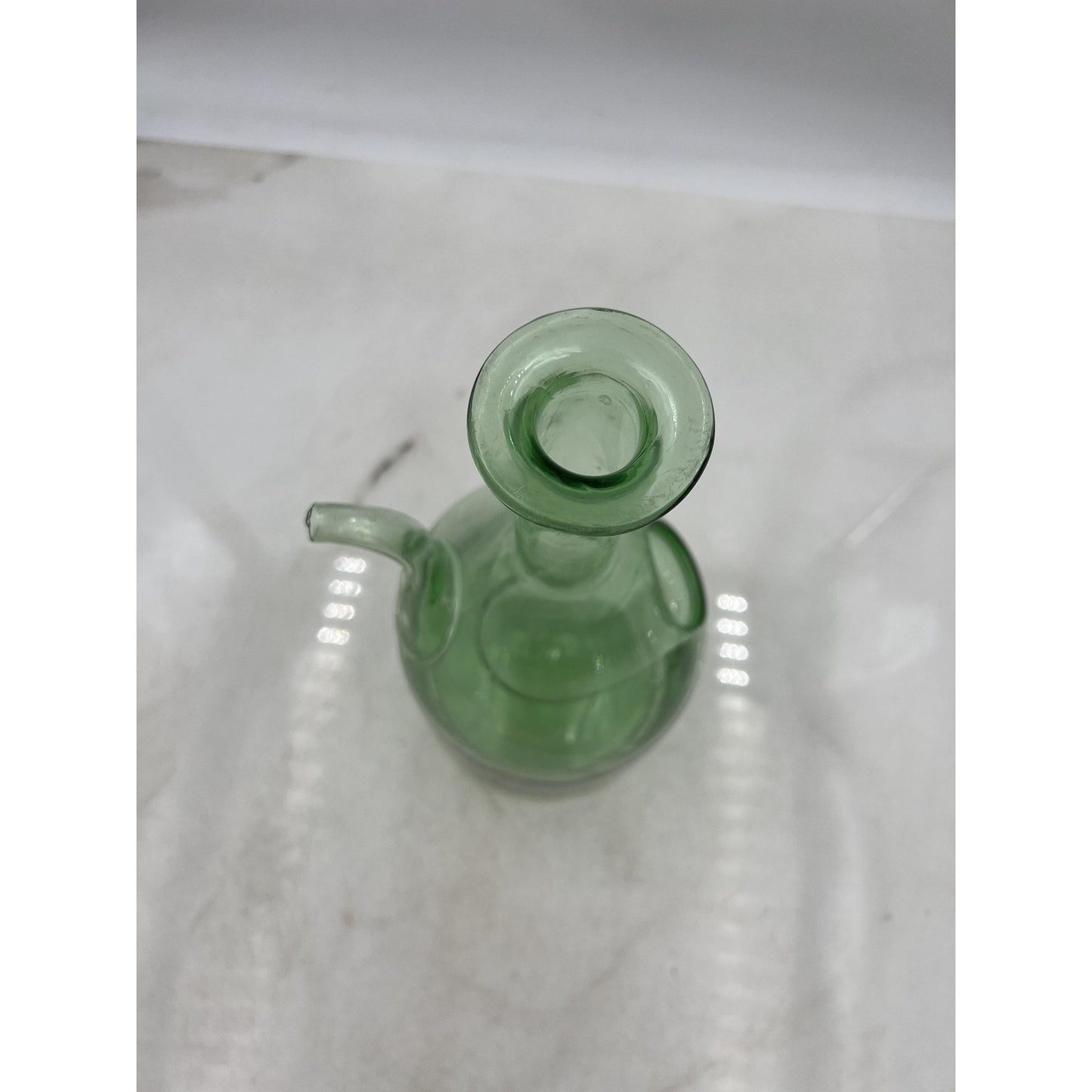 Vintage Green Glass Double Spouted Porron Wine Pitcher 10" Hand Blown Art Spain