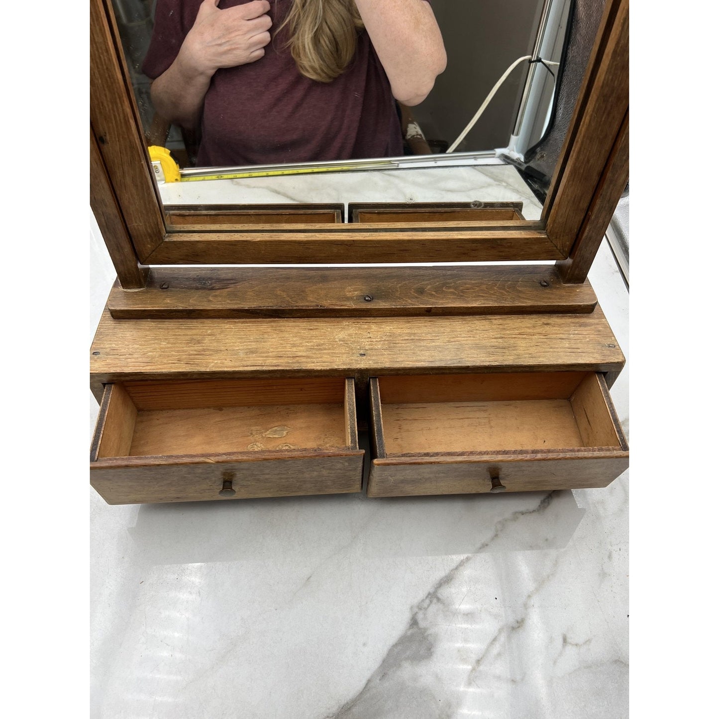 Vintage Wooden Vanity Mirror Box 2 Drawer Dresser Top Swivel Shaving Makeup 18"