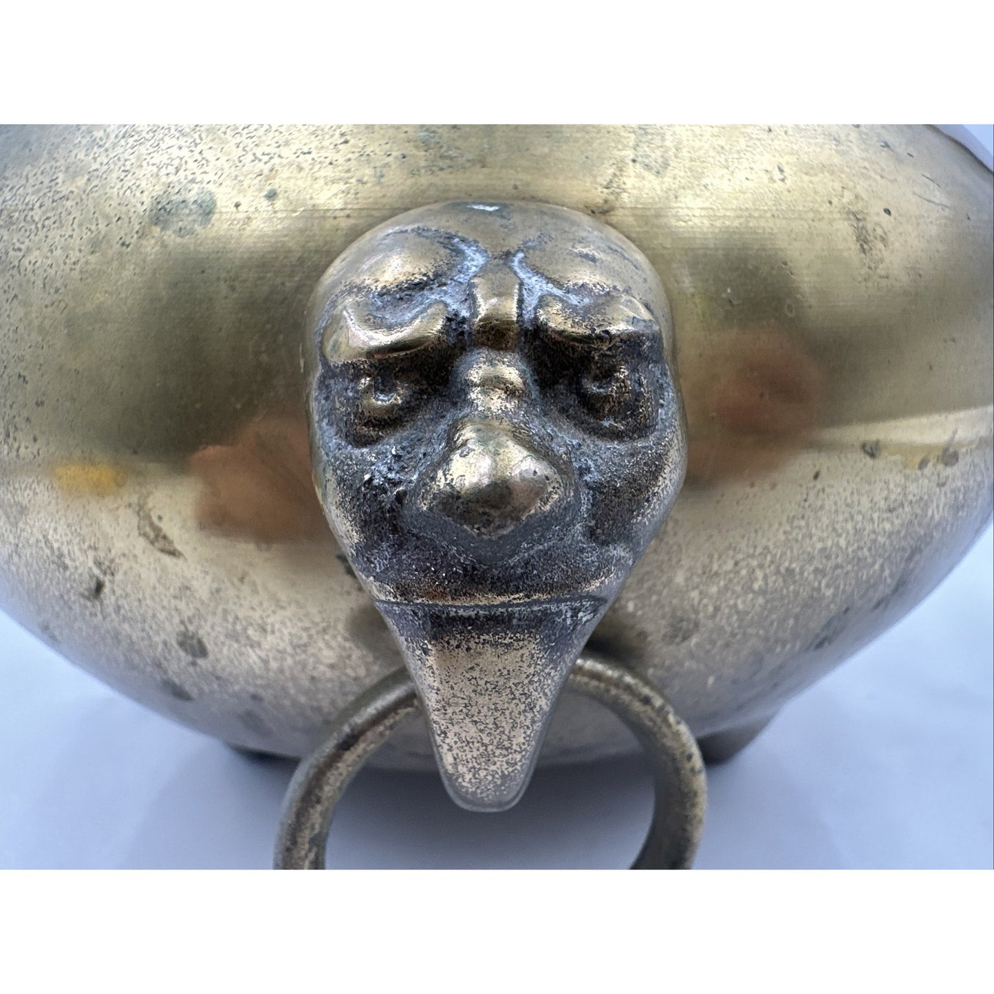 VTG Brass Censer Pot Planter Metal Three Leg Incense Ringed Face Handles