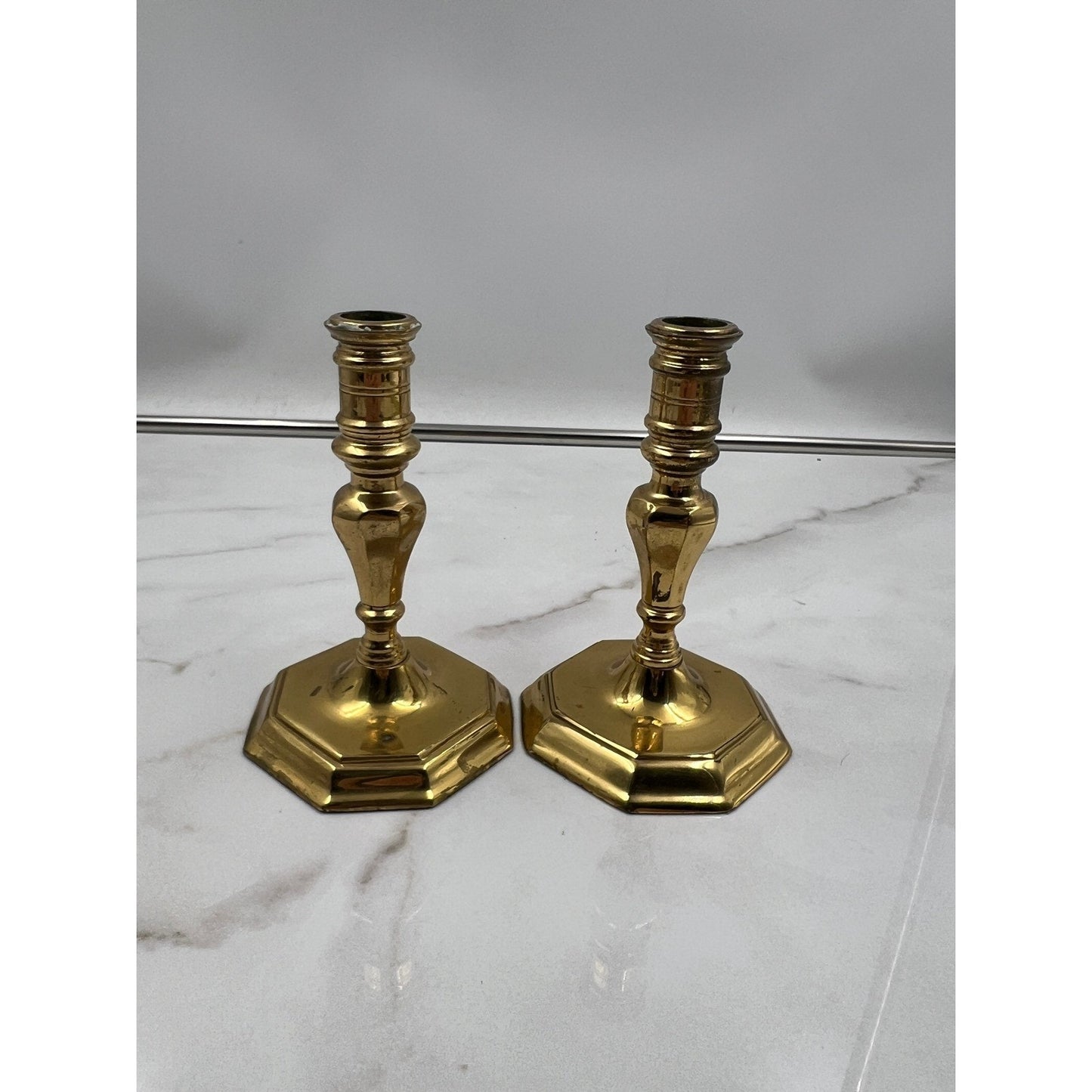 VTG Brass Candlesticks Holders Turned Hexagonal Base Set of 2