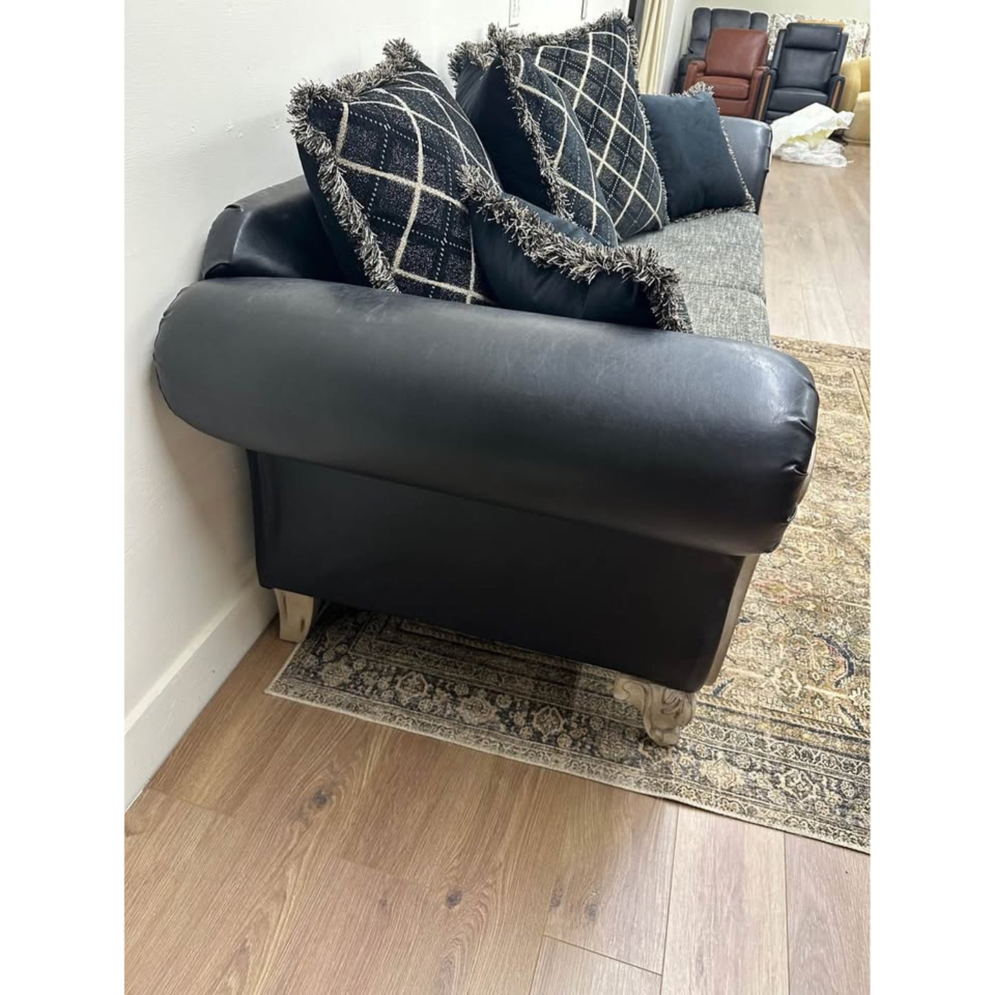 Bernardus Sofa Couch 2-Tone Fabric Wooden Frame Loveseat With Carved Wood Trim Black Gray