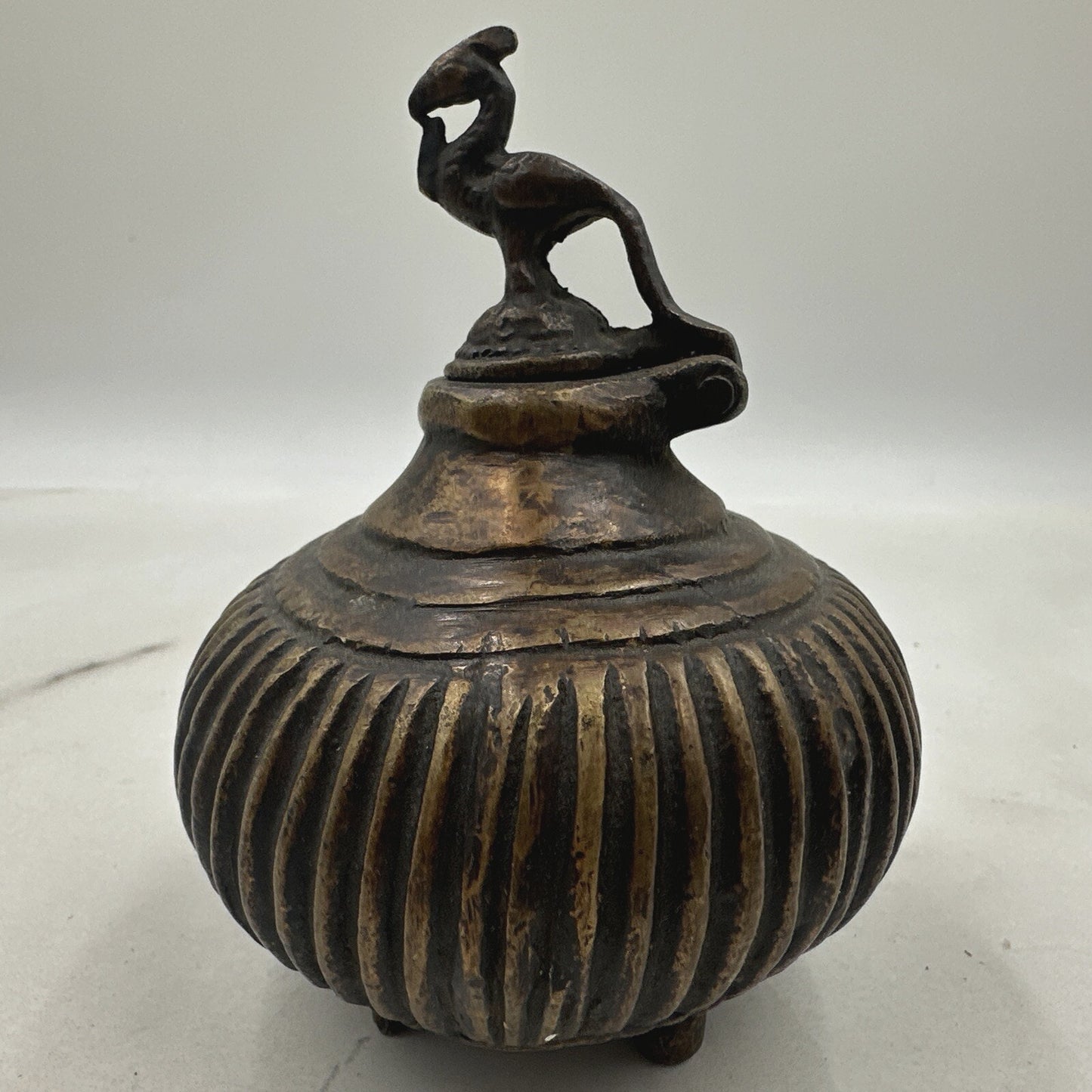 Antique Ink Well Indian Cast Bronze Mughal Footed w/ Peacock Lid & Fluted Sides