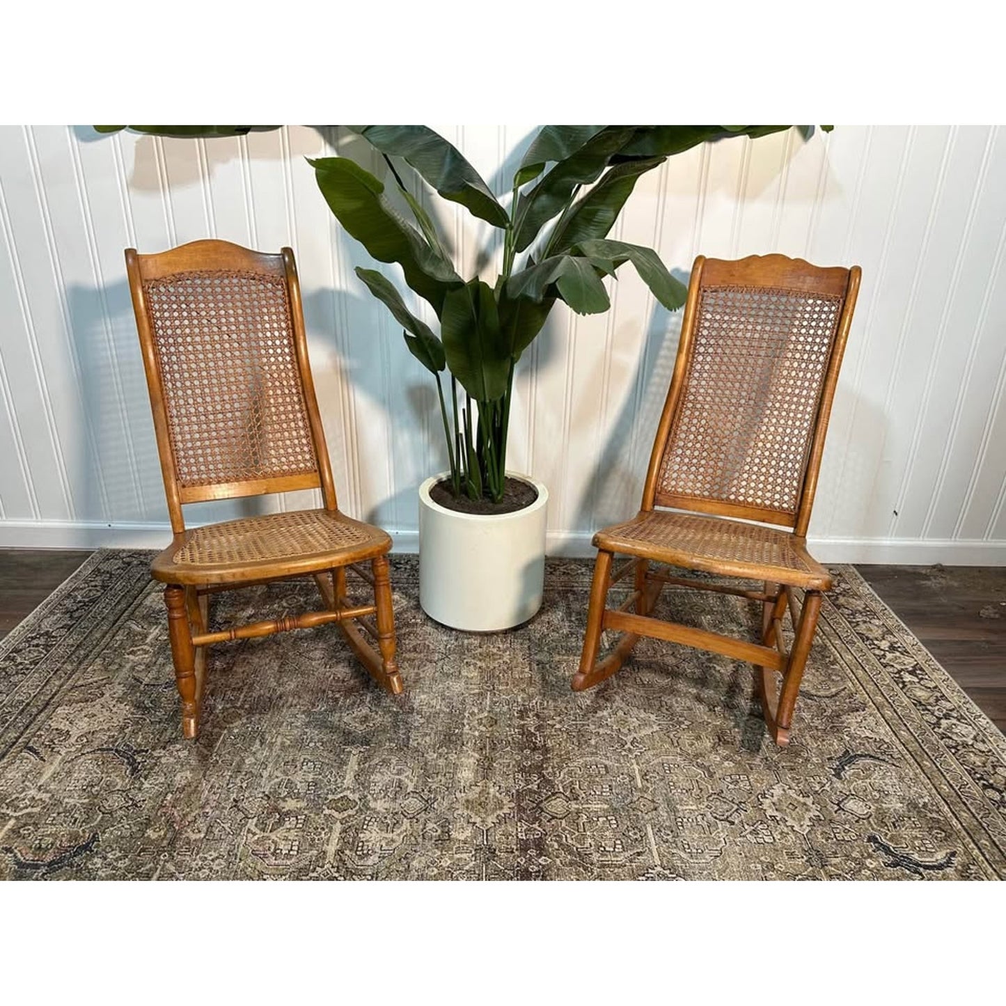 VTG Victorian Style Walnut With Cane Seat and Back Rocker Chairs Set of 2