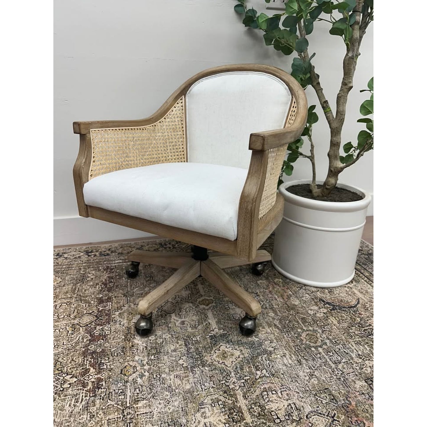 Audrey Task Office Chair with Rattan Cane Back Arms-IVORY Rolling