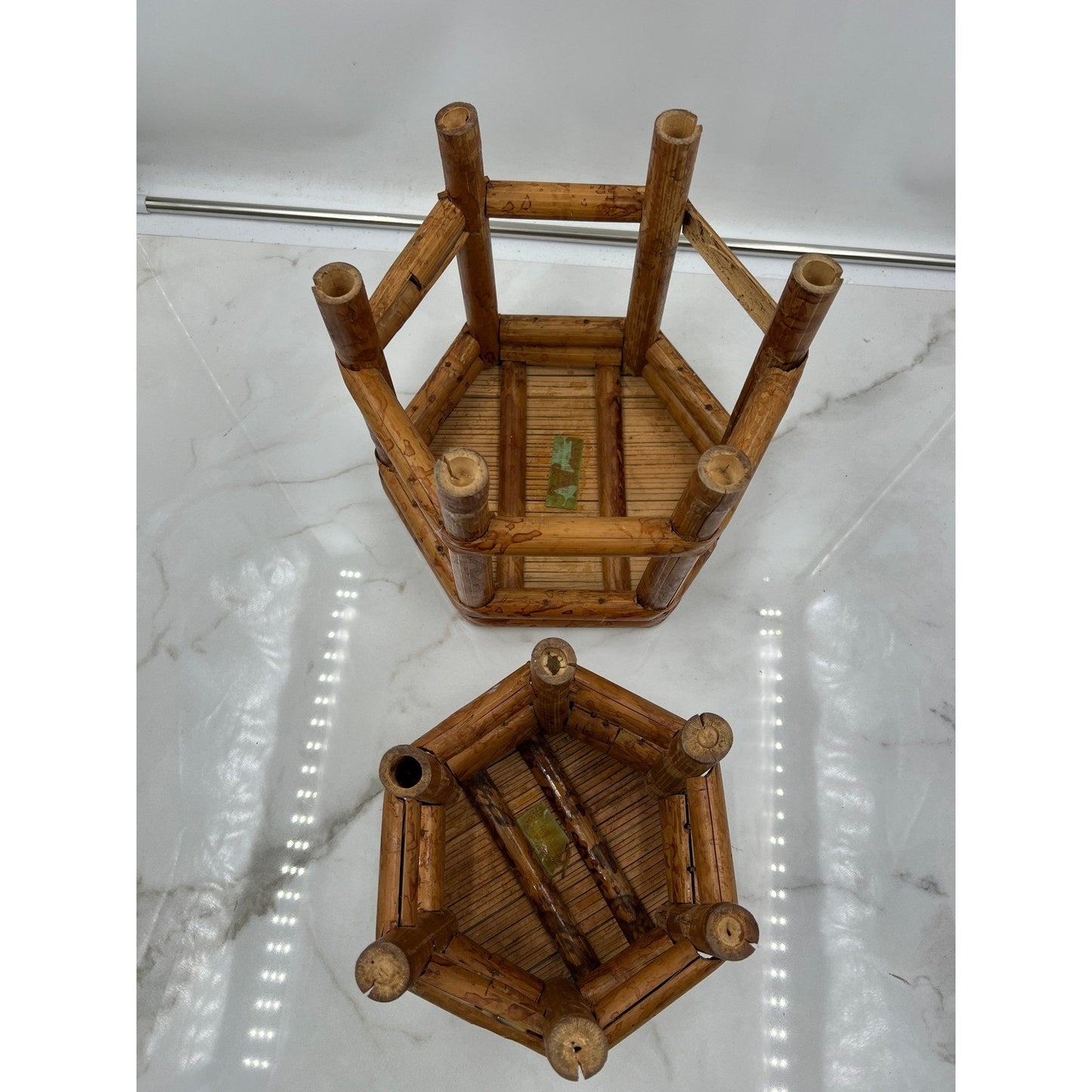 Vintage Tortoise Bamboo Octagon Stool Plant Stand Stackable Set of 2