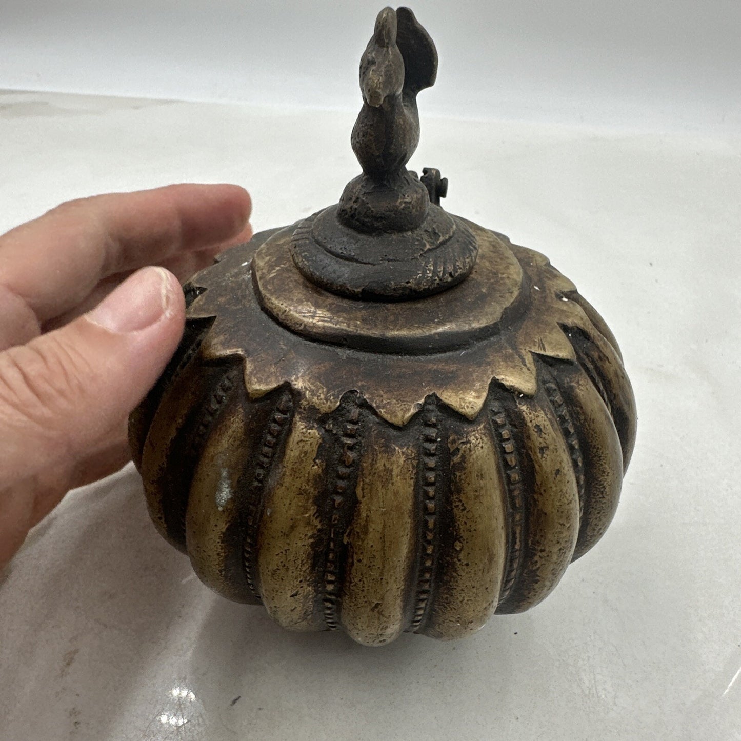 Antique Ink Well Indian Cast Bronze Mughal Footed w/ Peacock Lid & Fluted Sides