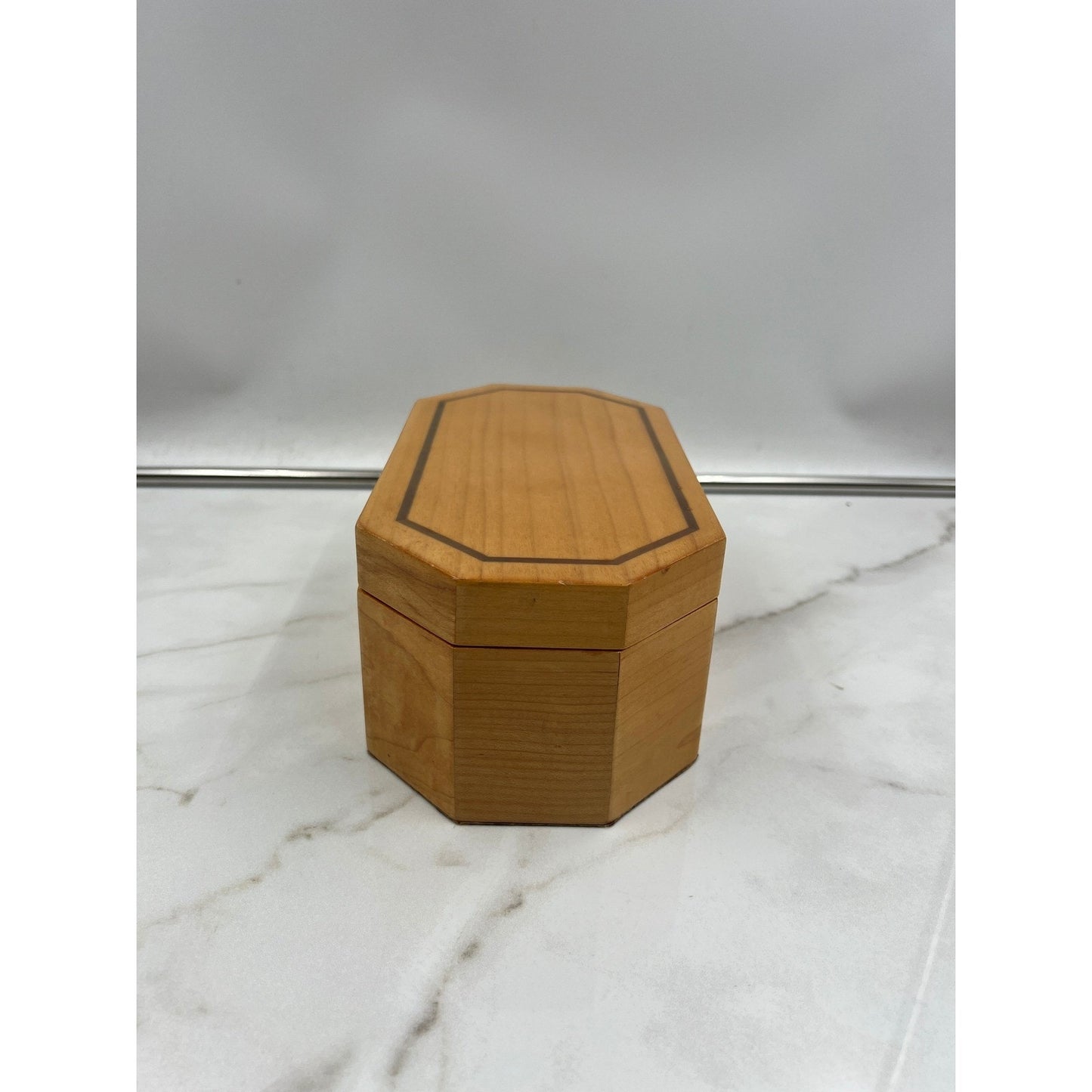 Vintage Octagon Wood Jewelry Box Inlay Detail and Removable Tray Brown Velvet