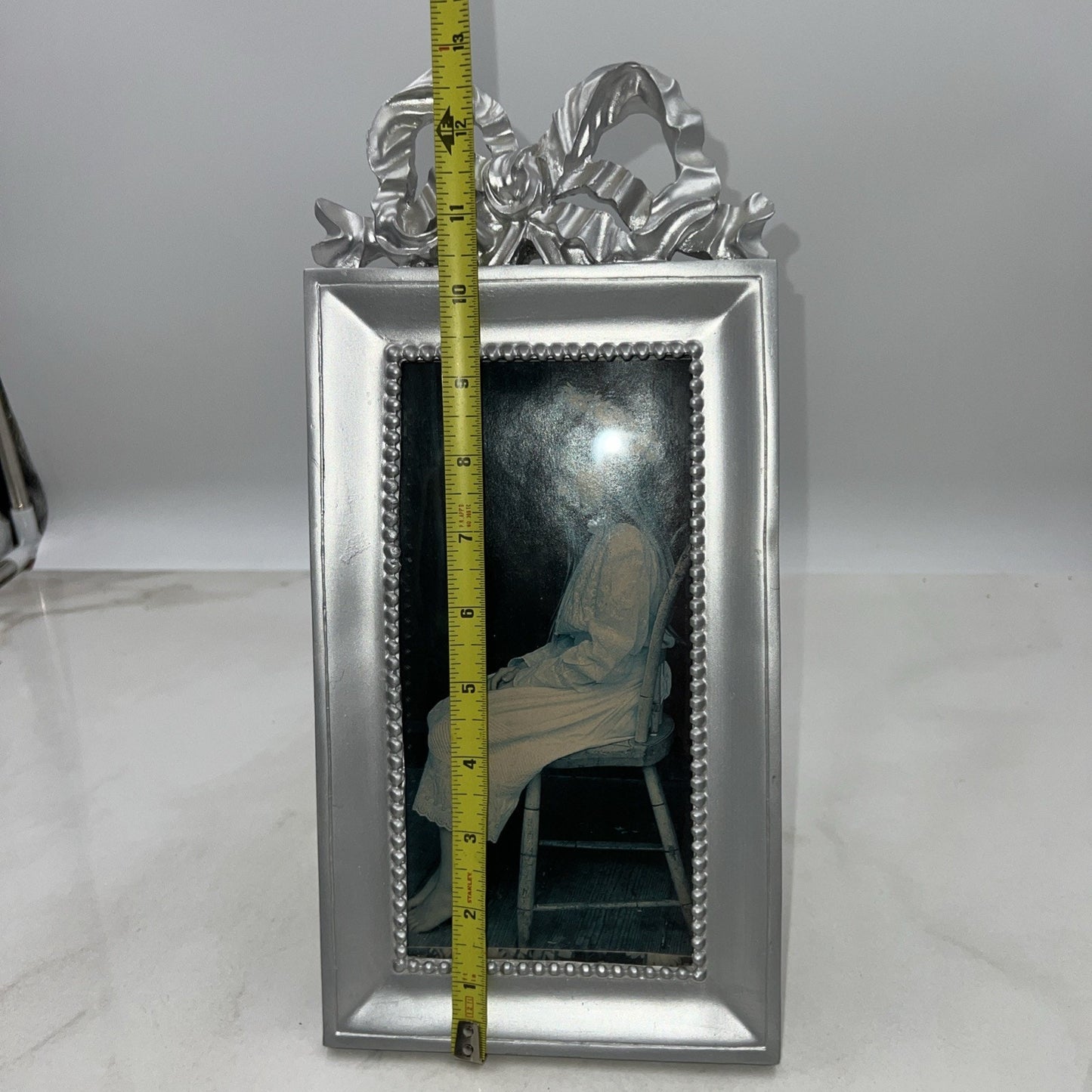 Vtg Silver Tone Picture Frame Ribbon Bow Coquette 4x8"