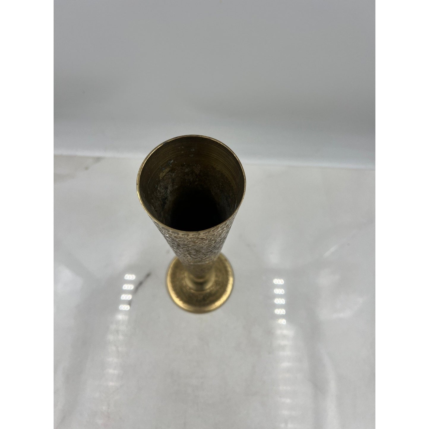 Vintage Brass Bud Vase Etched Floral Trumpet Pedestal Base India