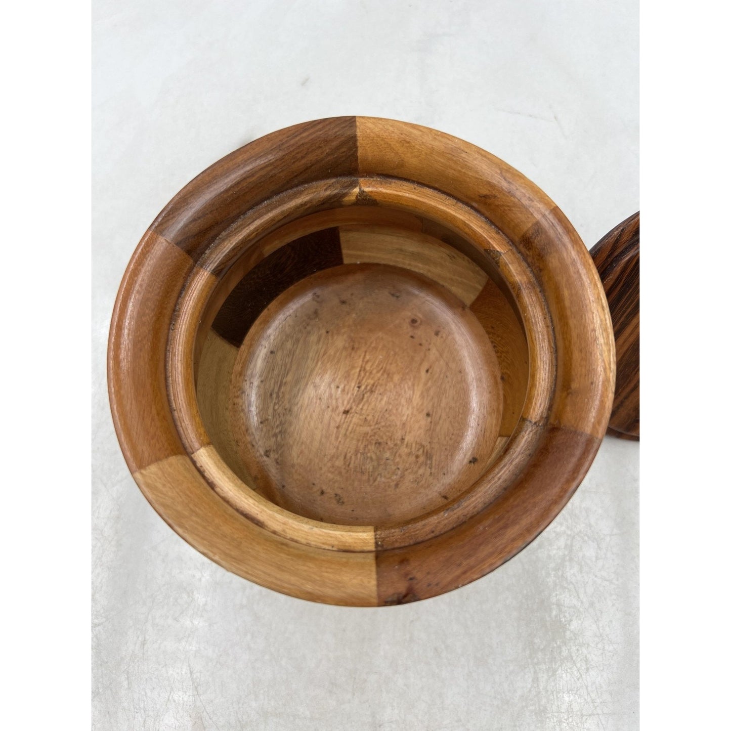 Handmade Wood Lidded Trinket Box Container Multi-Tone Carved Decorative Storage