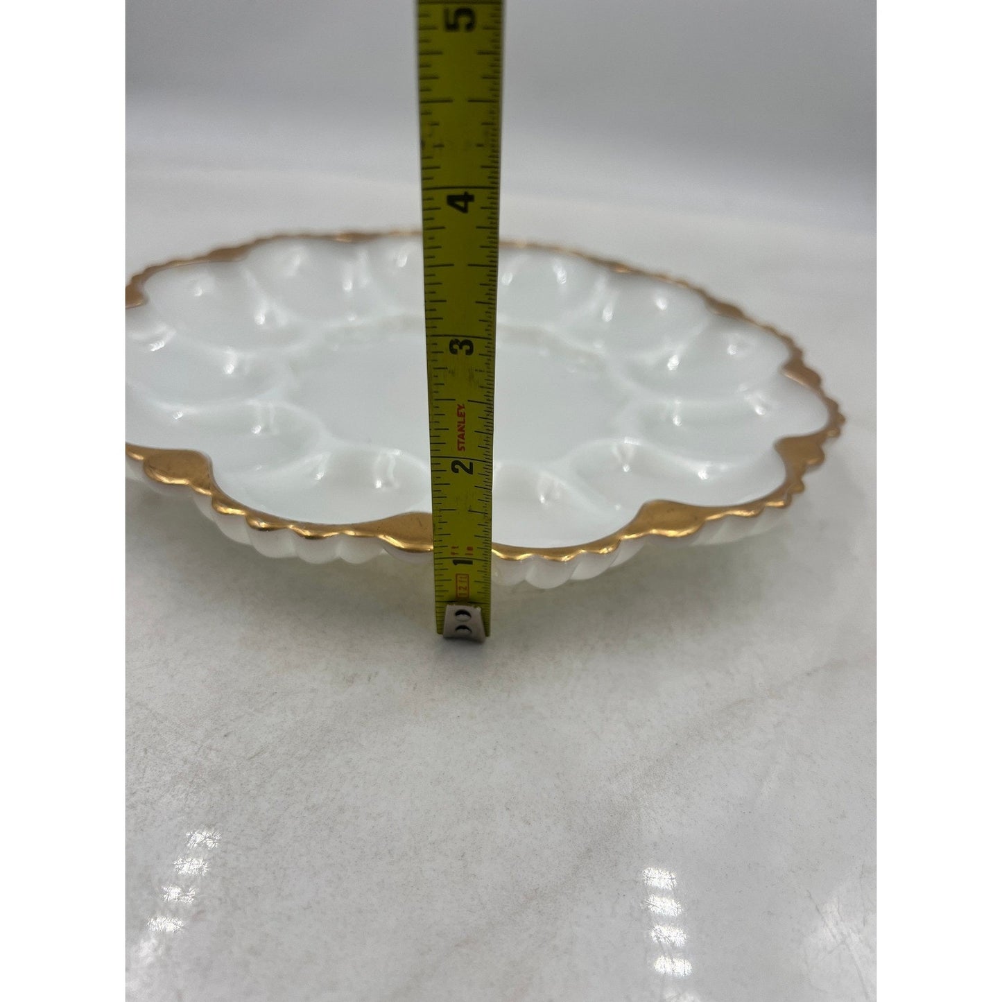 Vintage Milk Glass Egg Plate Gold Trim Scalloped Edge 12 Egg Holder Serving Dish