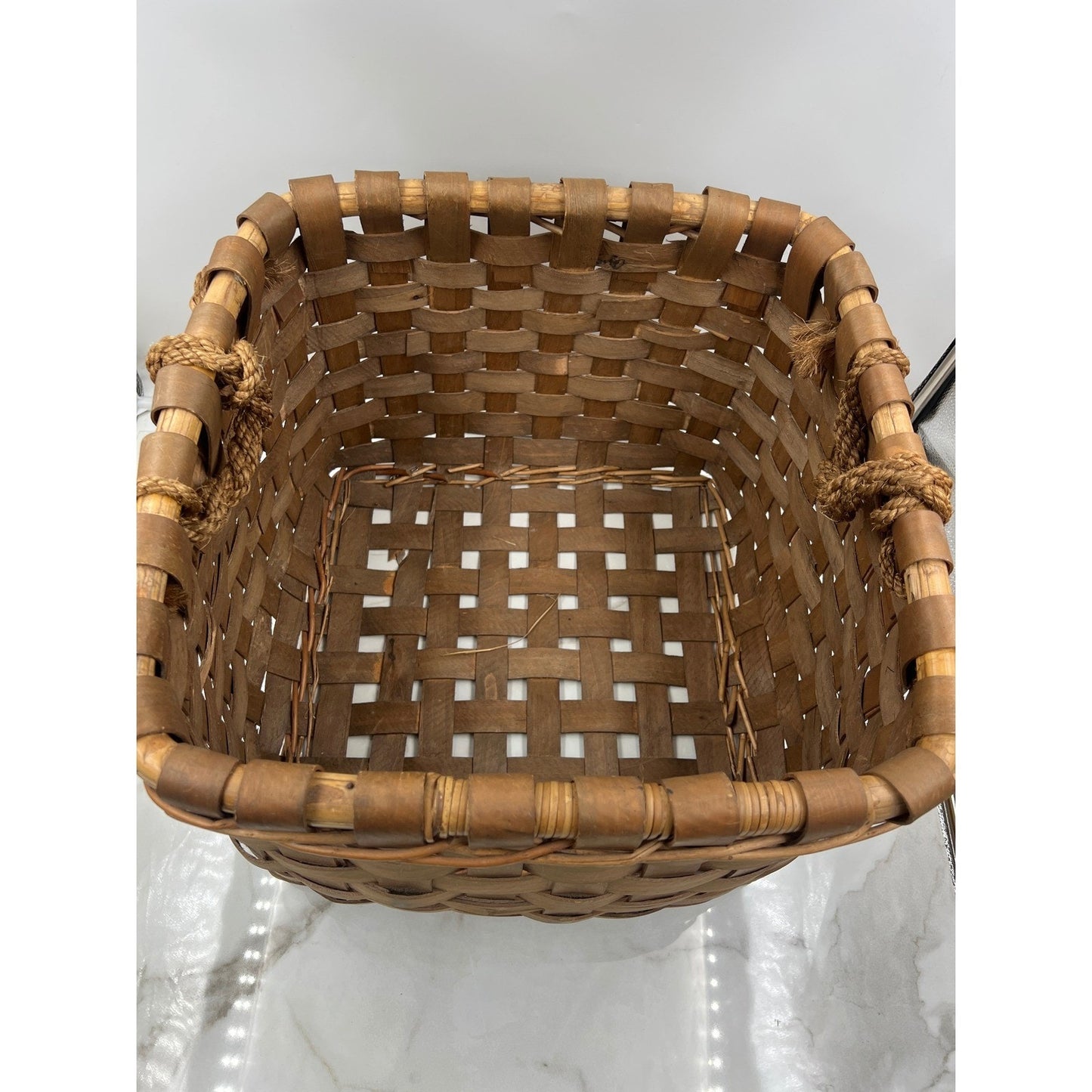 Vintage Woven Wood Splint Basket Square Farmhouse Storage with Rope Handles