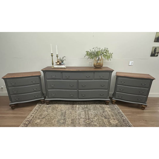VTG Solid Wood Refinished Green Bedroom Set Dresser Nightstands Extra Large