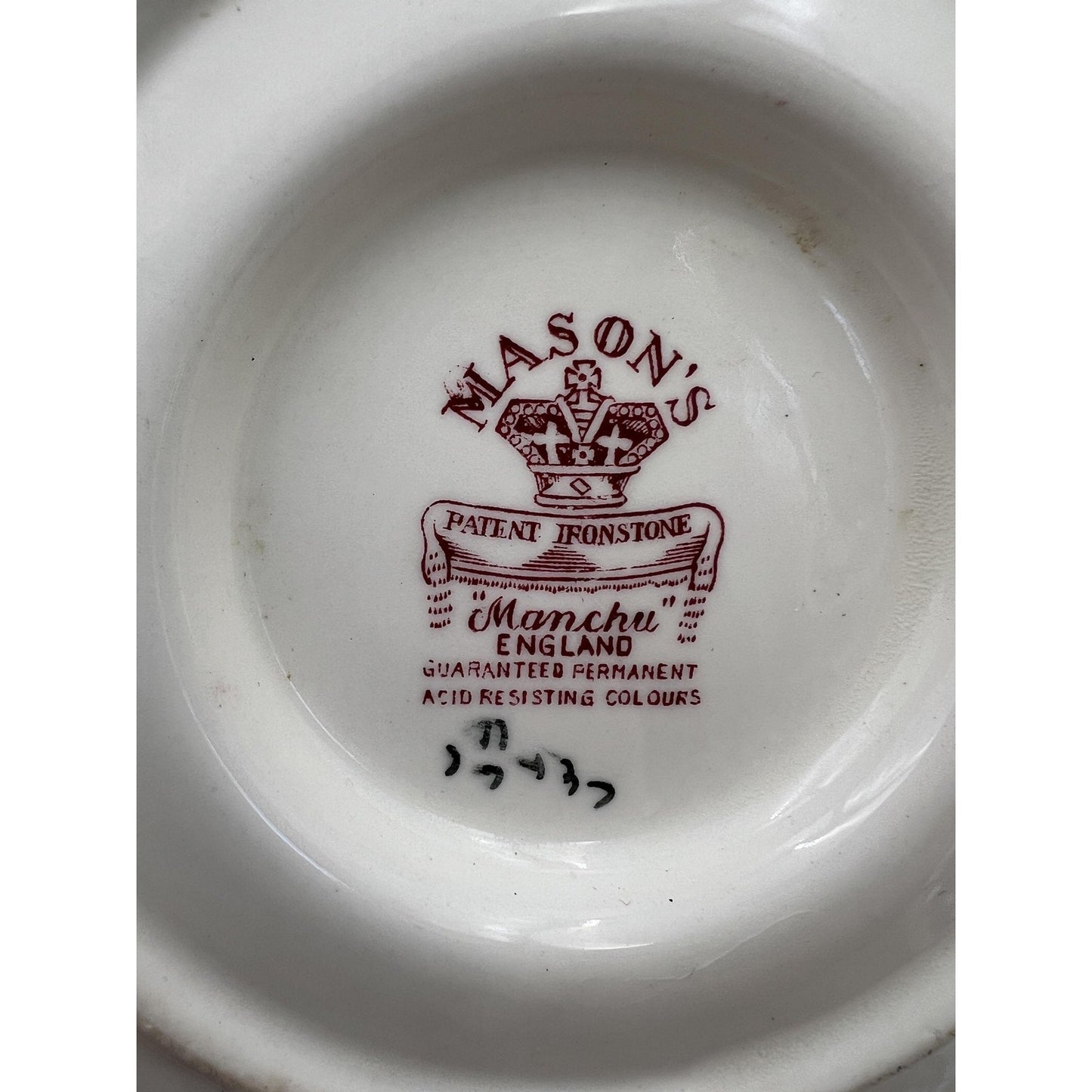Vintage Mason's Manchu Ironstone Gravy Boat Saucer Red Floral England 9" Ceramic