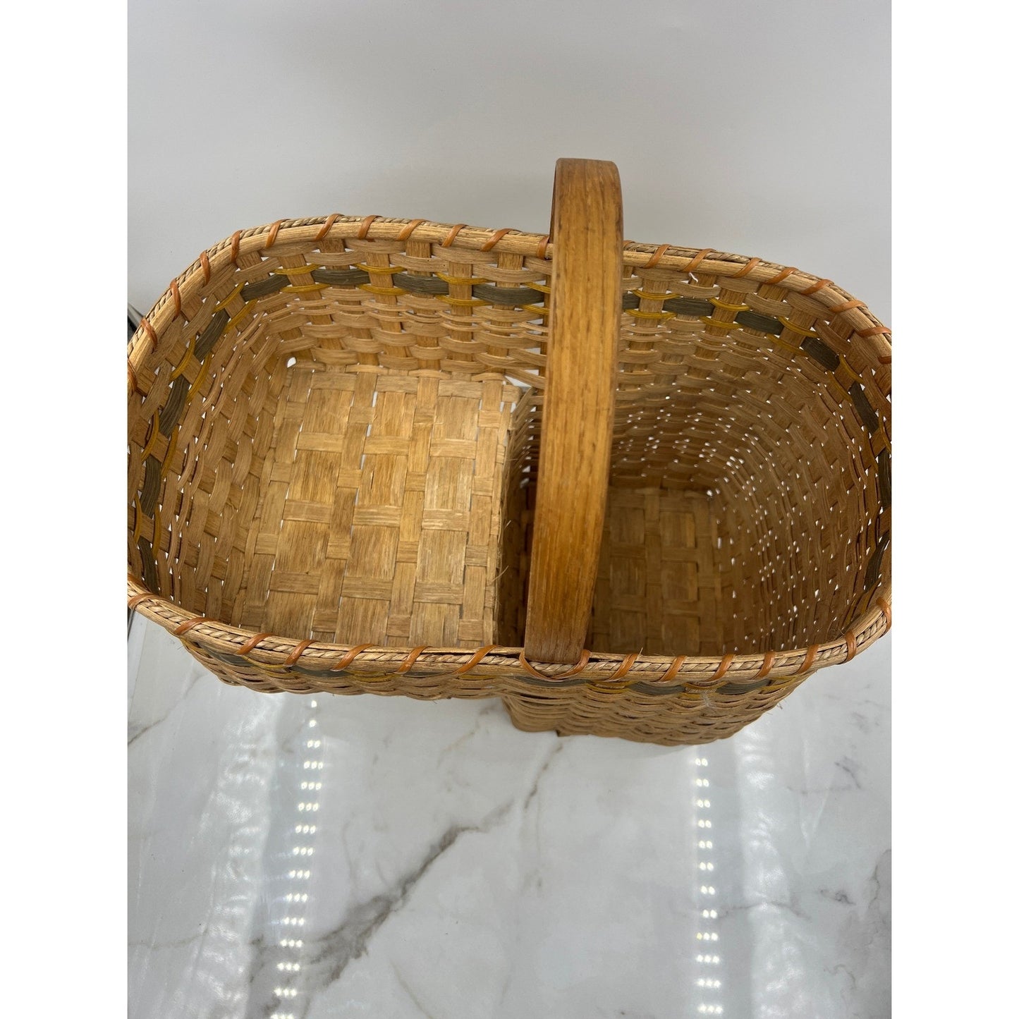 VTG Handmade Woven Stair Basket Wooden Handle Rustic Step Storage Natural Brown