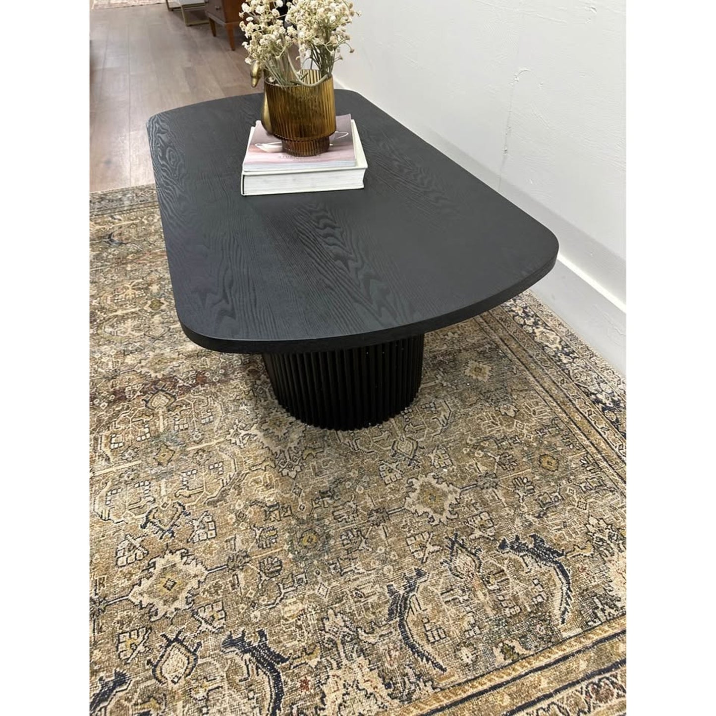 Elias Oval Coffee Table-BLACK Flip Top Storage Wooden Fluted Base