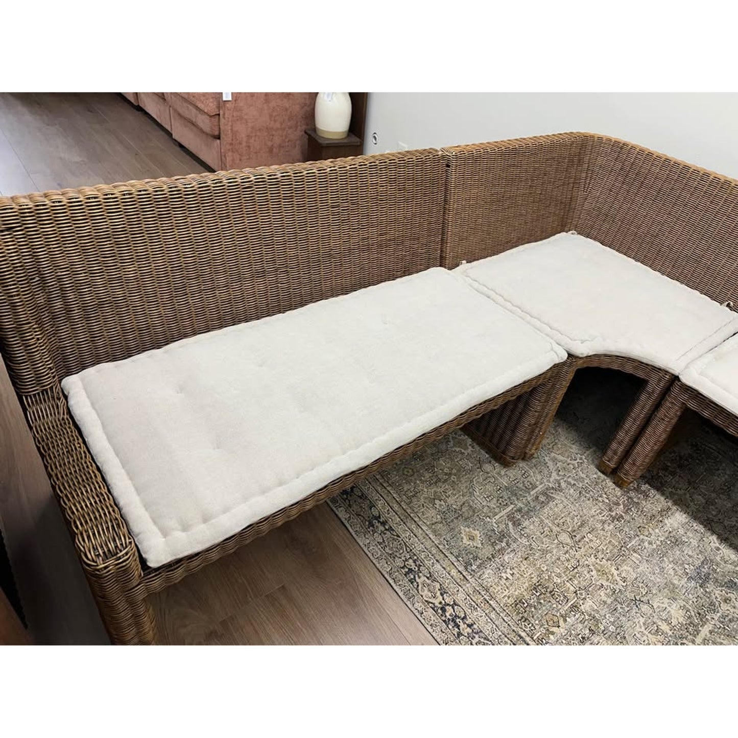Amber Lewis x Four Hands Senna L Shaped Dining Bench Wicker Tan Cushions