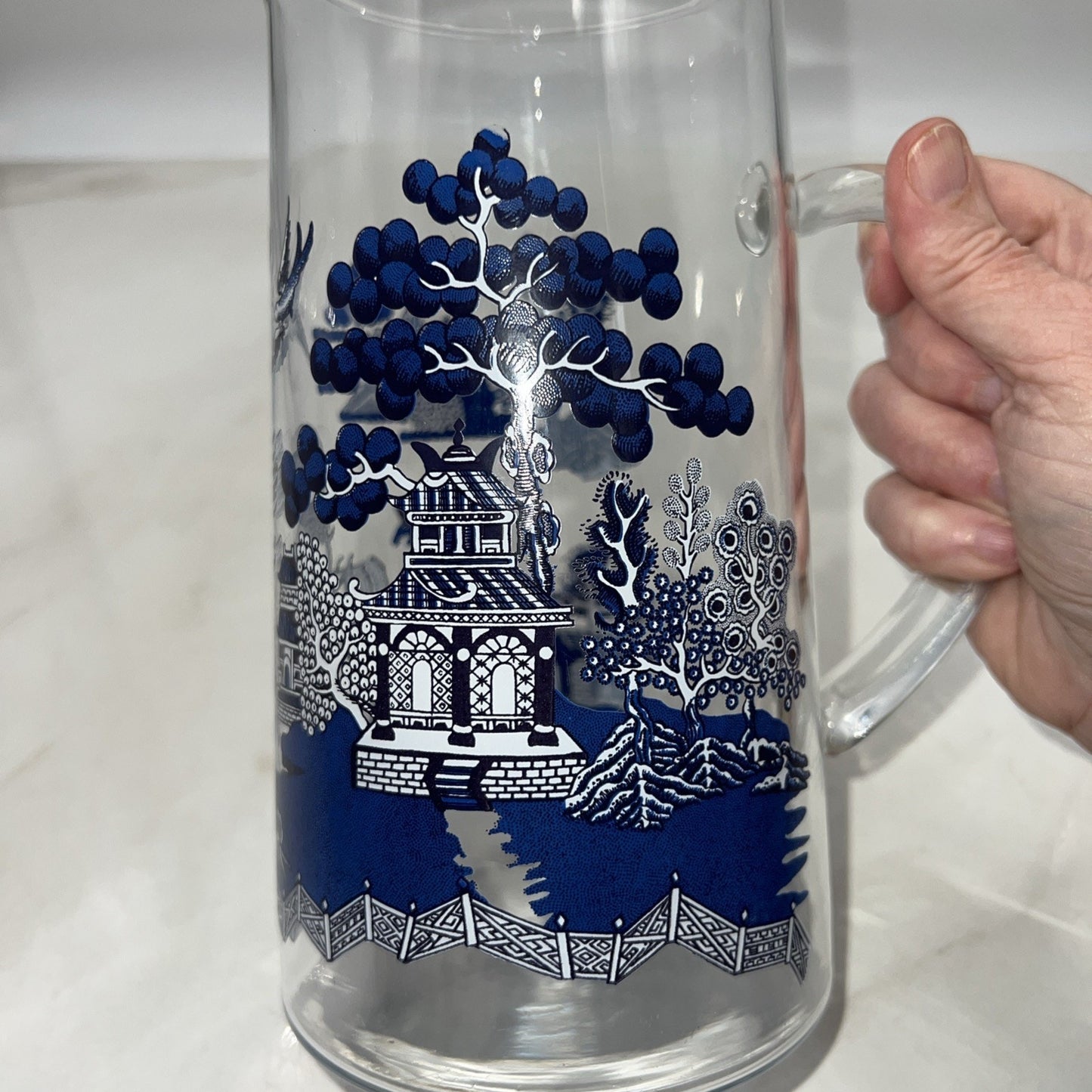 Vintage Glass Blue Willow Martini Pitcher w/ Applied Glass Handle