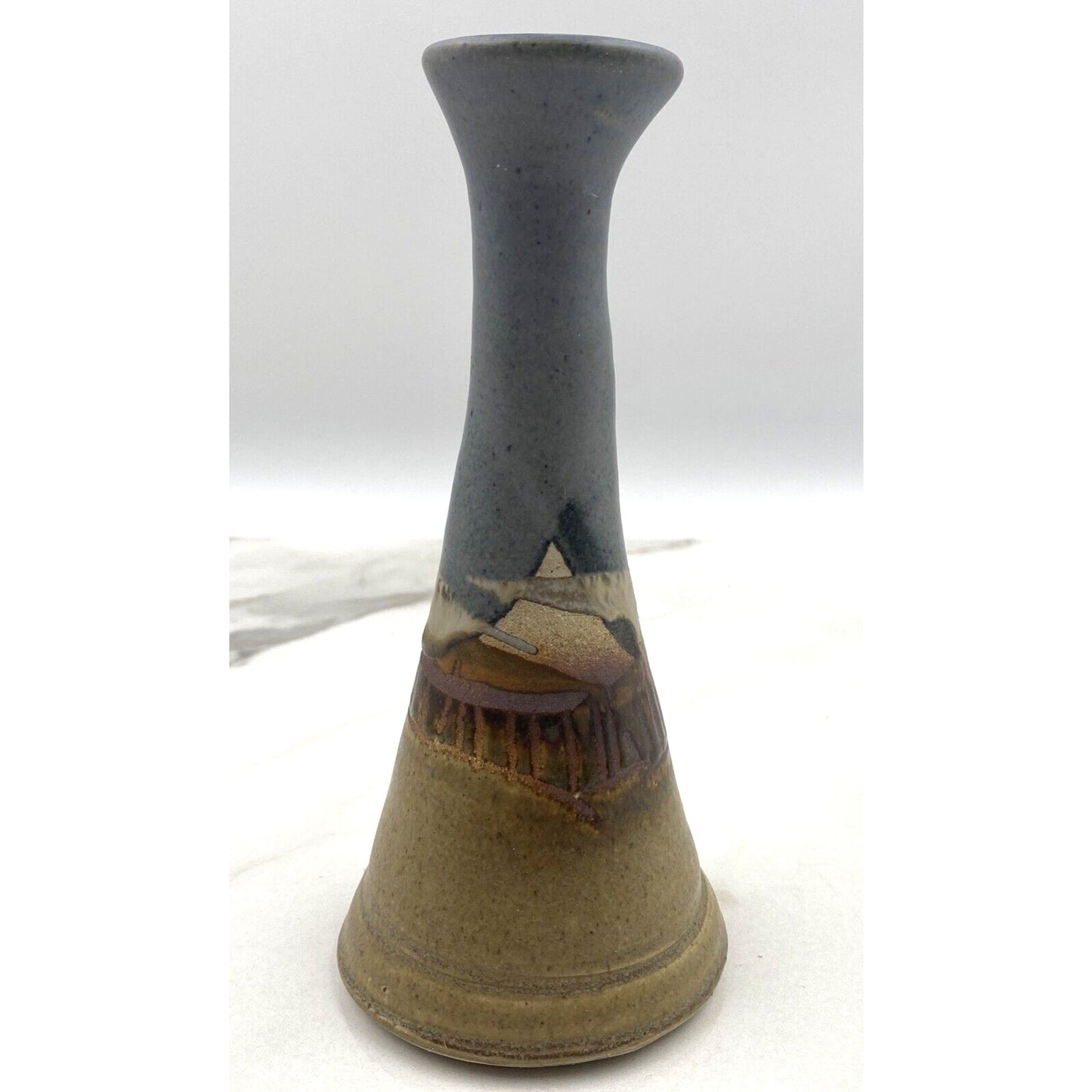 Studio Pottery Vase Signed Mountain Scene 8” Tall Blue Tan Vintage