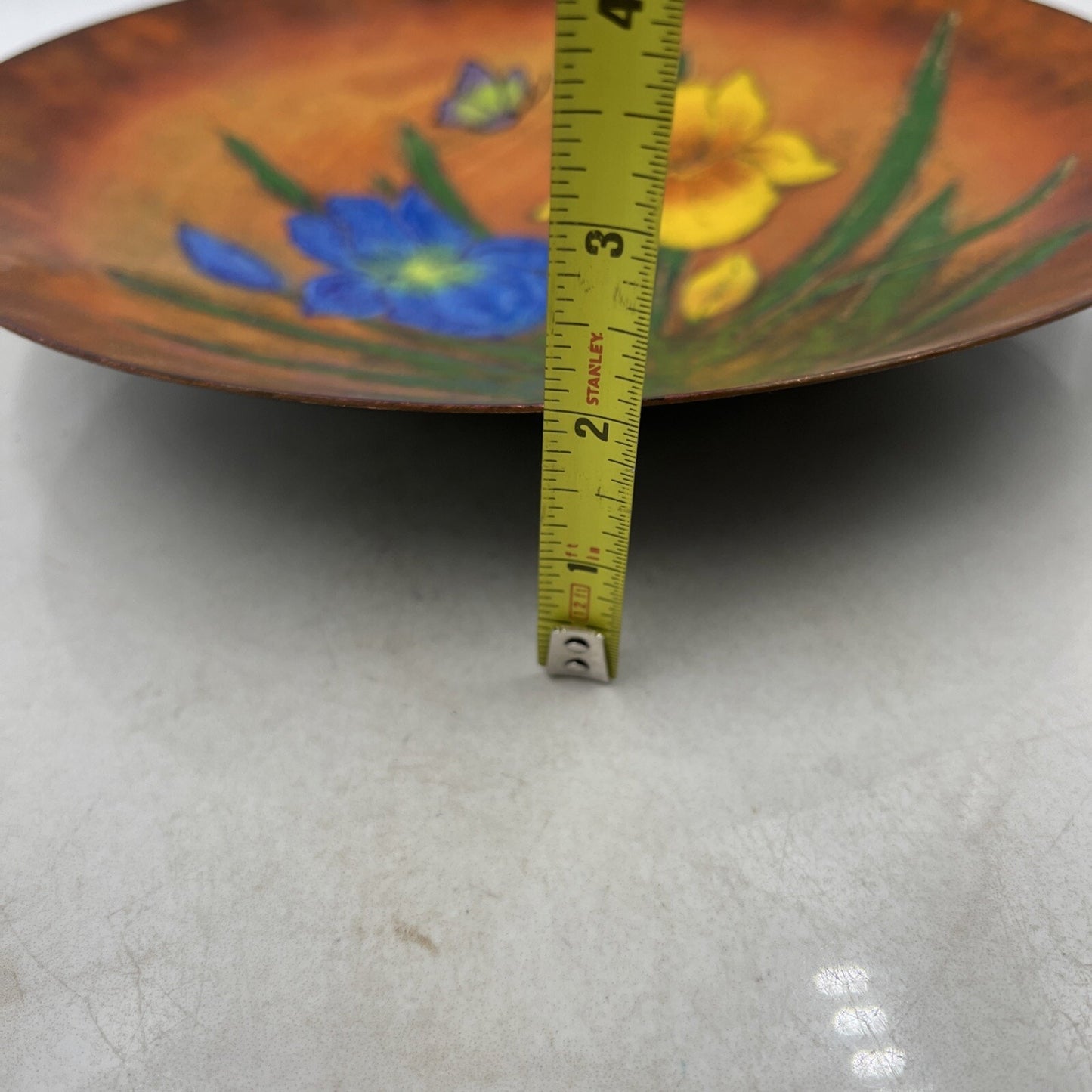 VTG Copper Bowl Enamel Painted Floral Decorative Cala Lillies Bowl Signed 11"
