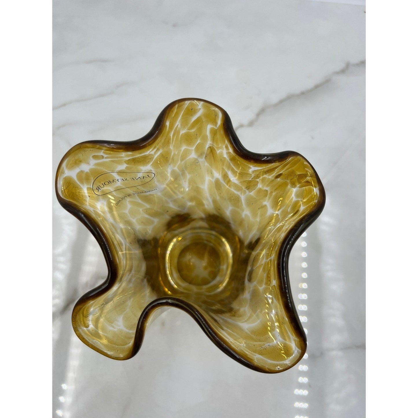 Jane Seymour Hand-Made Poland Amber Tortoise Art Glass Ruffled Handkerchief Vase