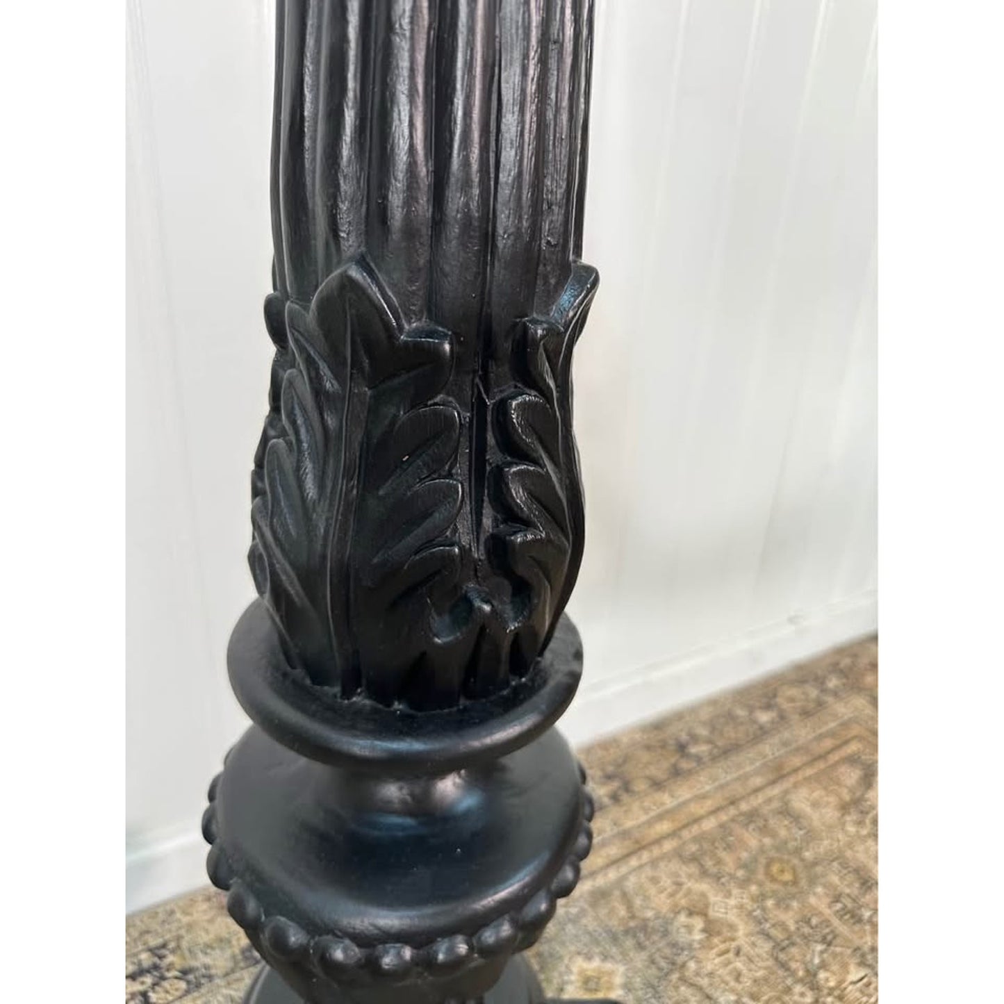 VTG Wood Carved Ornate Tall Black Painted Wood Pillar Candle Holder Plant Stand