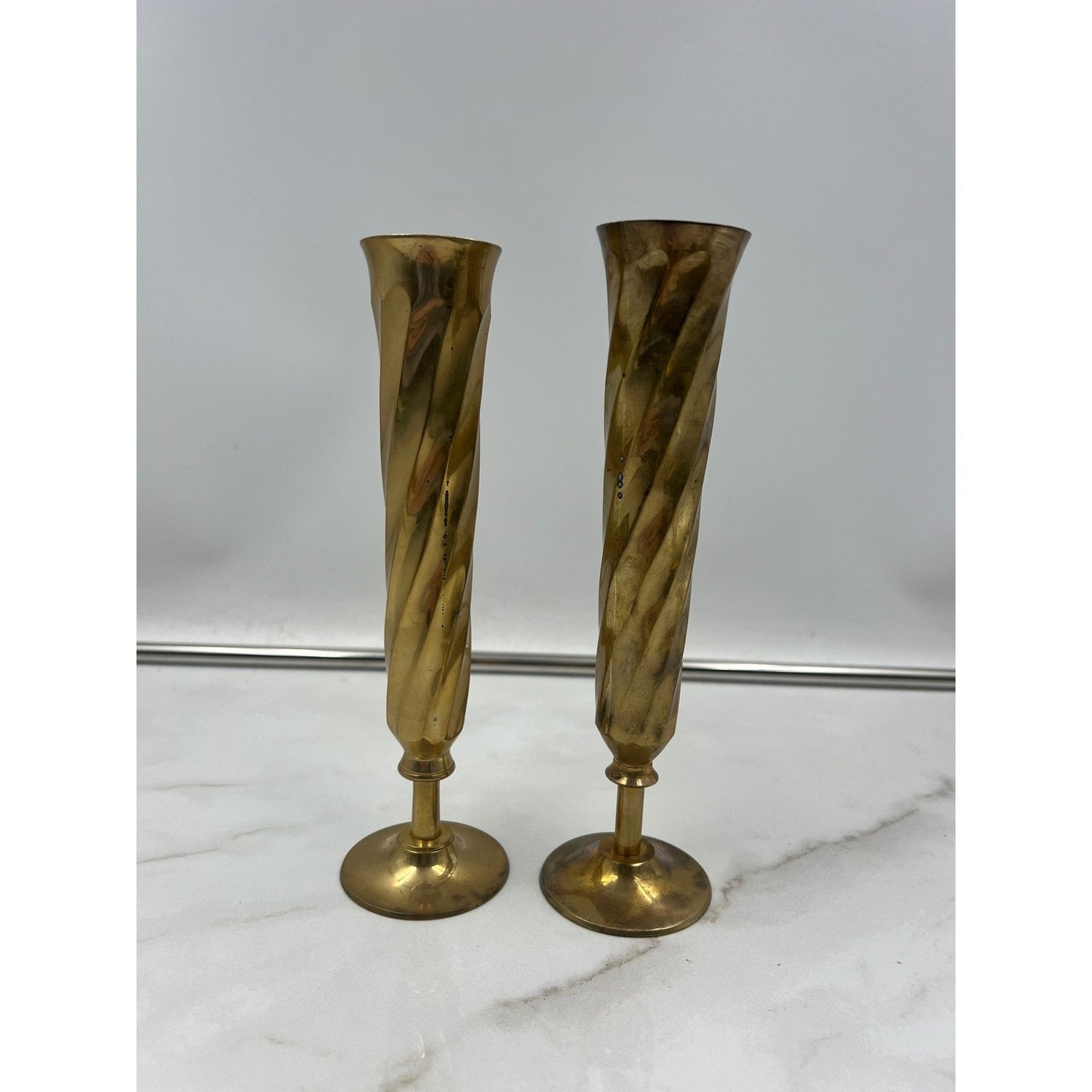 Vintage Solid Brass Spiral Twist Bud Vases Pair Made in India 8.5 Inch Gold