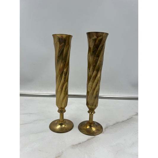 Vintage Solid Brass Spiral Twist Bud Vases Pair Made in India 8.5 Inch Gold