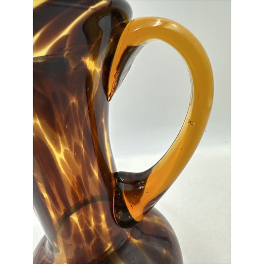 VTG Art Glass Pitcher Tortoise Amber Brown Swirl Water Applied Handle 9"