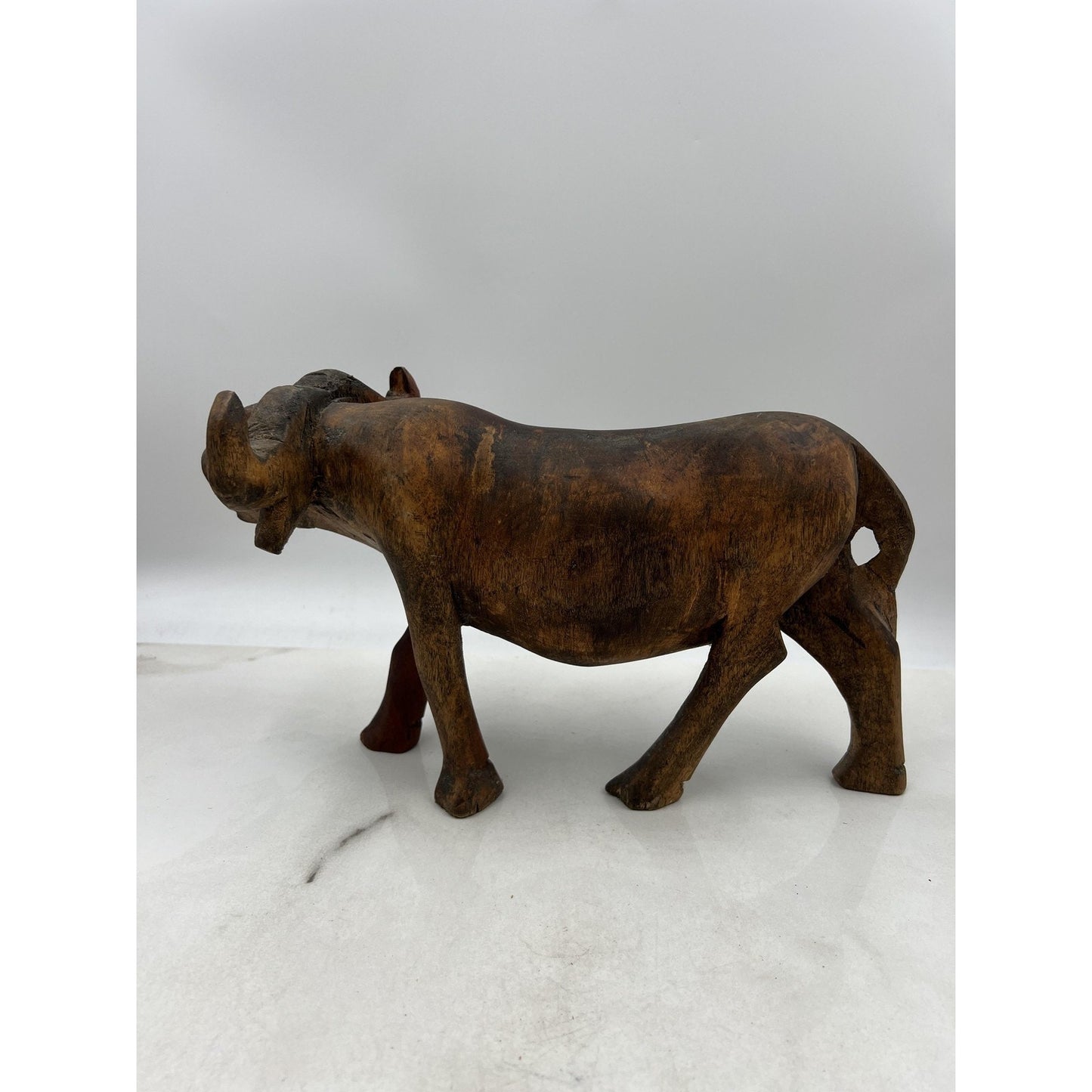 Vintage Hand Carved Wood Water Buffalo Sculpture African Folk Art Figurine 13" D