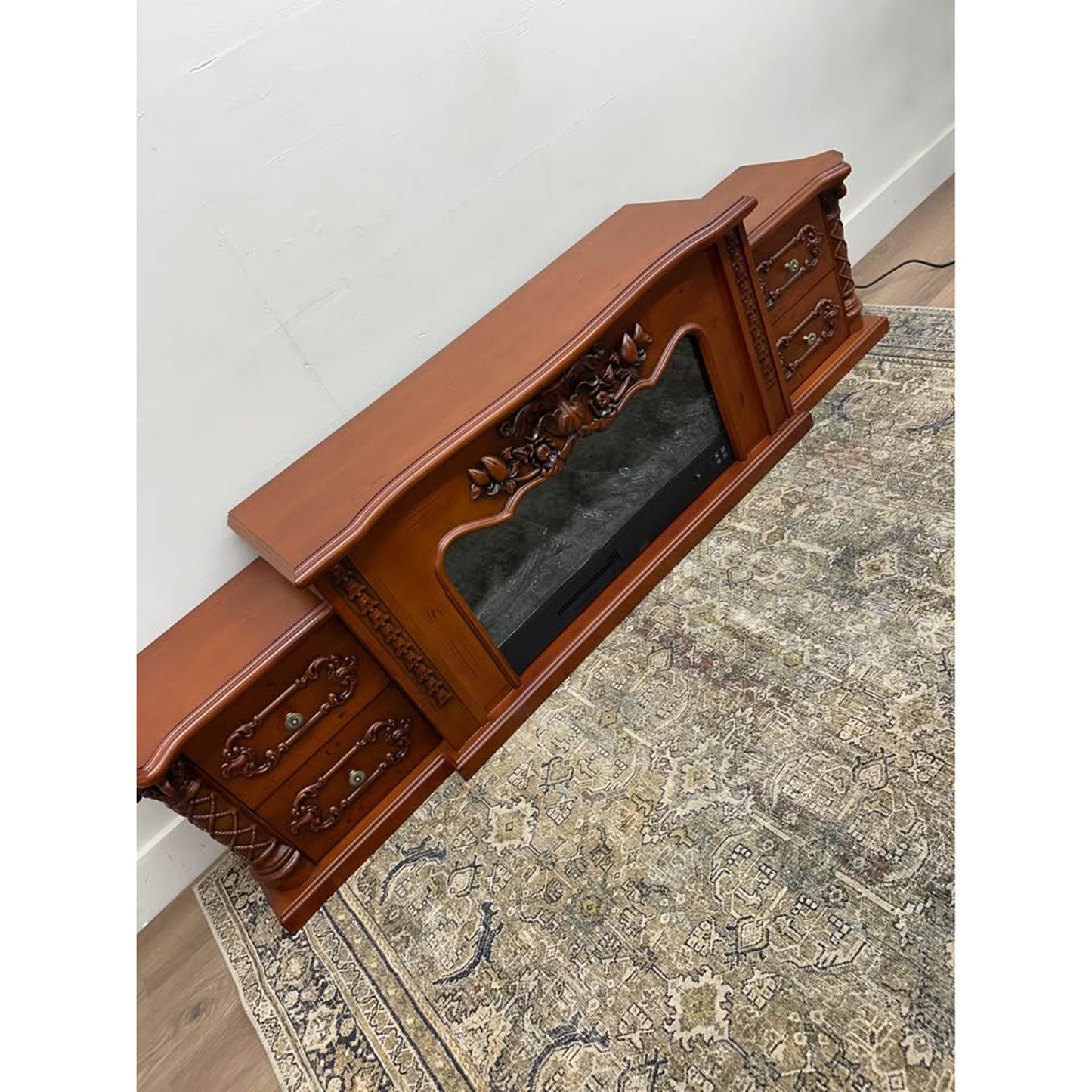 Carved Electronic Fireplace TV Storage Cabinet By Bkoksety Cherry Wood Look NEW