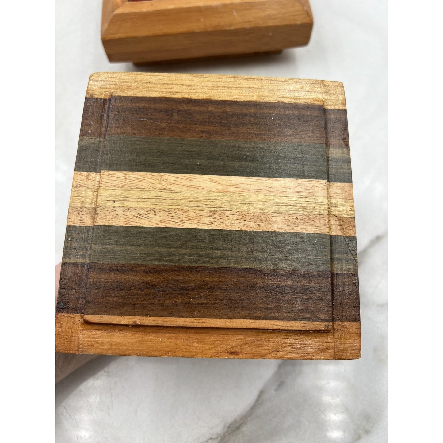 Vintage Handmade Striped Wood Jewelry Box Velvet Lined Lid Geometric Square 6"