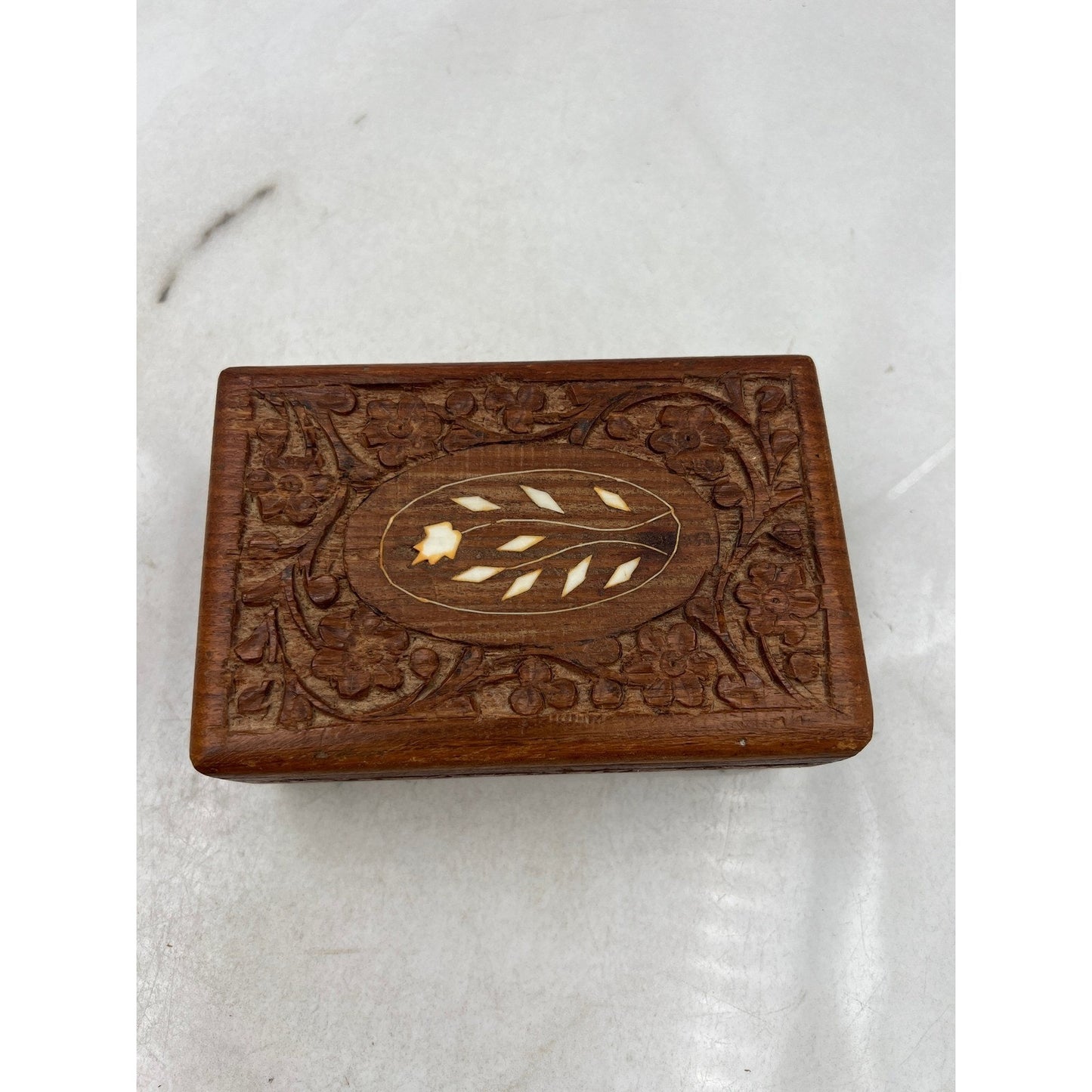 Hand Carved Wooden Jewelry Box Trinket Keepsake Ornate Floral Inlay