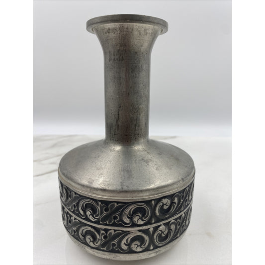 VTG Norsk Tinn Pewter Vase Bud Vase Vaga Etched Norwegian 7.5" Tall