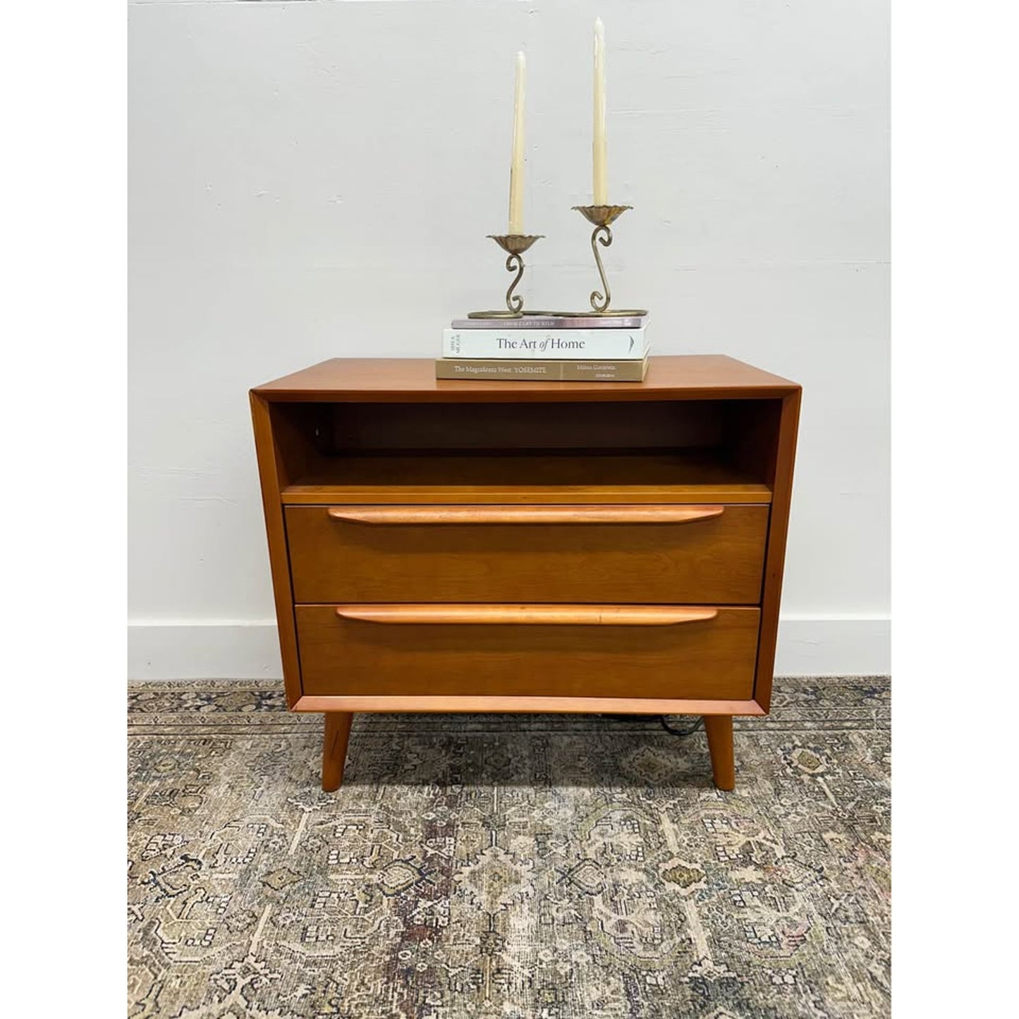 Frieda 2 - Drawer Nightstand with Built-In Outlets-ACORN Wood Finish MCM Style