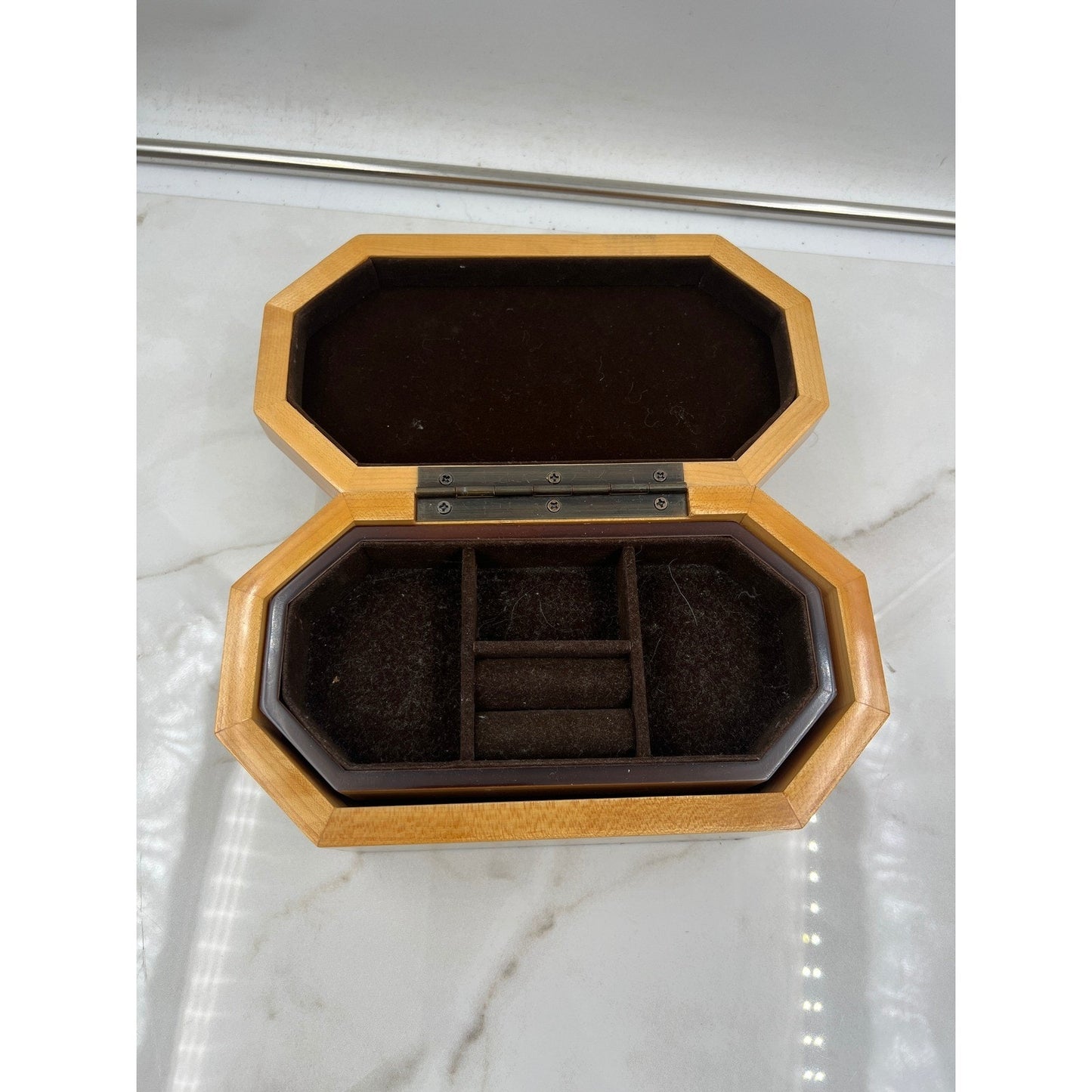 Vintage Octagon Wood Jewelry Box Inlay Detail and Removable Tray Brown Velvet