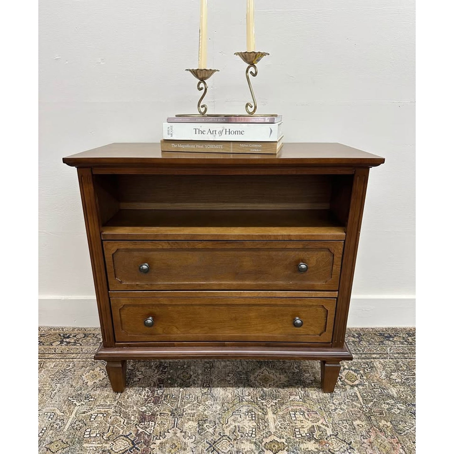Davide 2 Drawer Nightstand Solid Wood End Table Chest Walnut W/Charging Station
