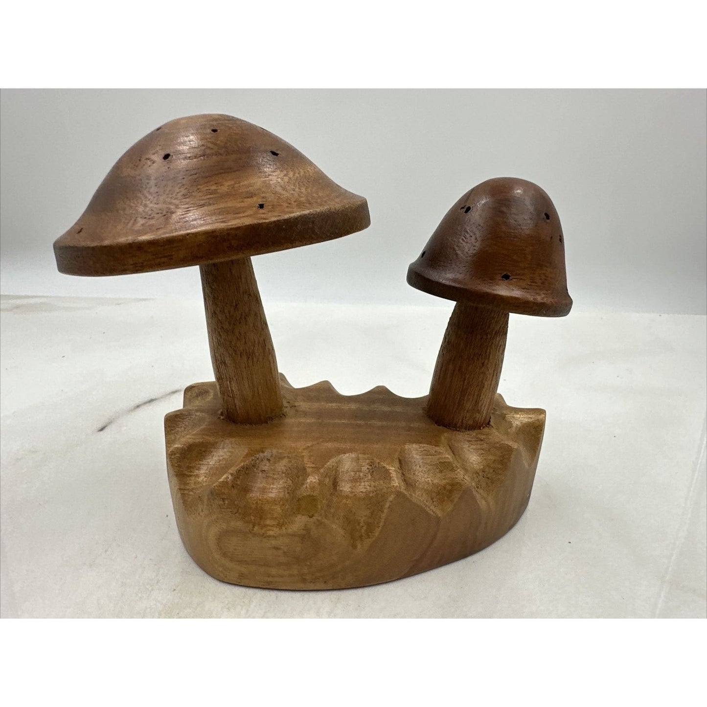 Vtg Wood Mushrooms Toothpick Holder Leilani Handcrafted Philippines 2 Monkey Pod