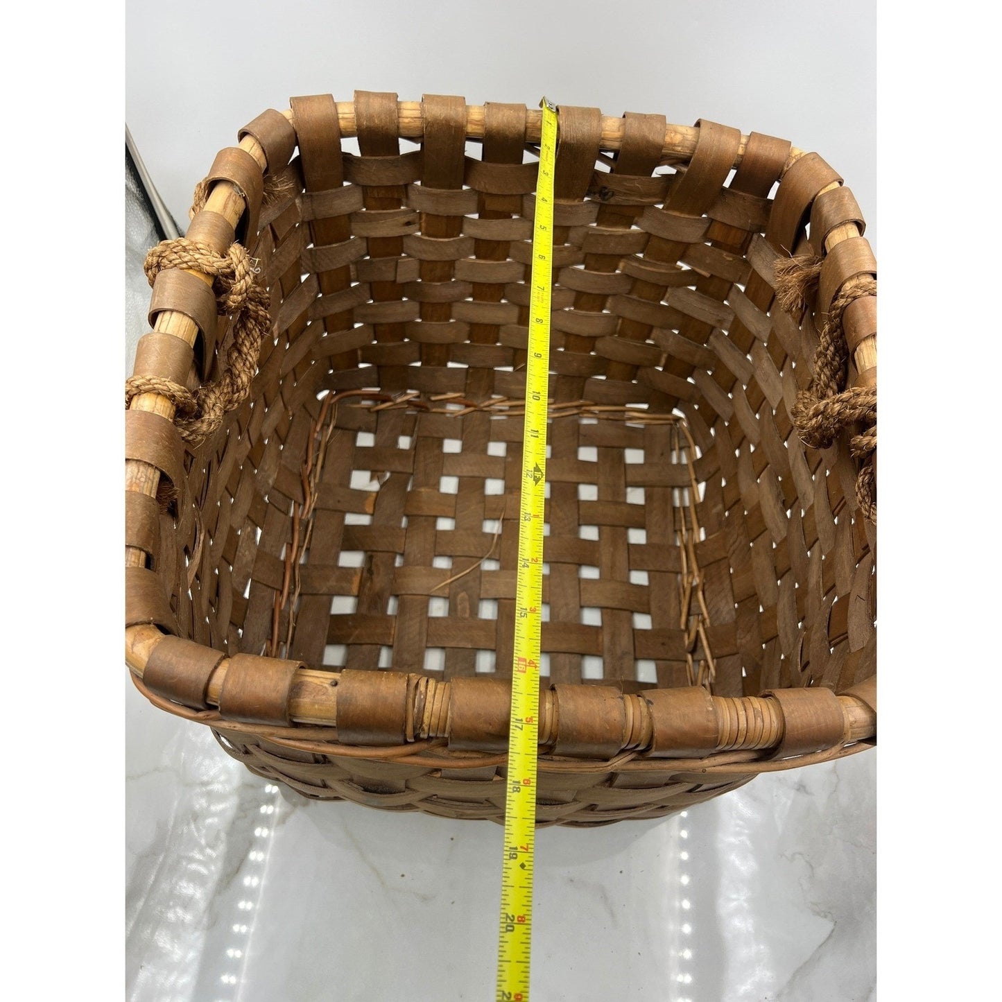 Vintage Woven Wood Splint Basket Square Farmhouse Storage with Rope Handles